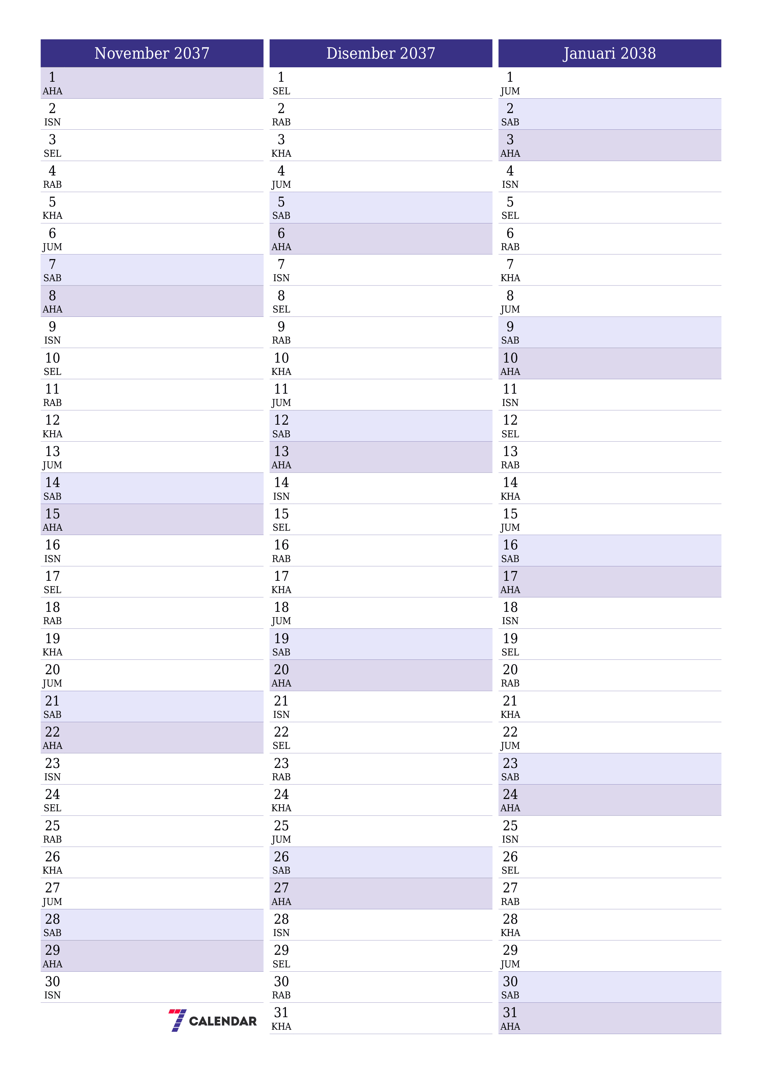  boleh cetak dinding templat percumamenegak Bulanan perancang kalendar November (Nov) 2037