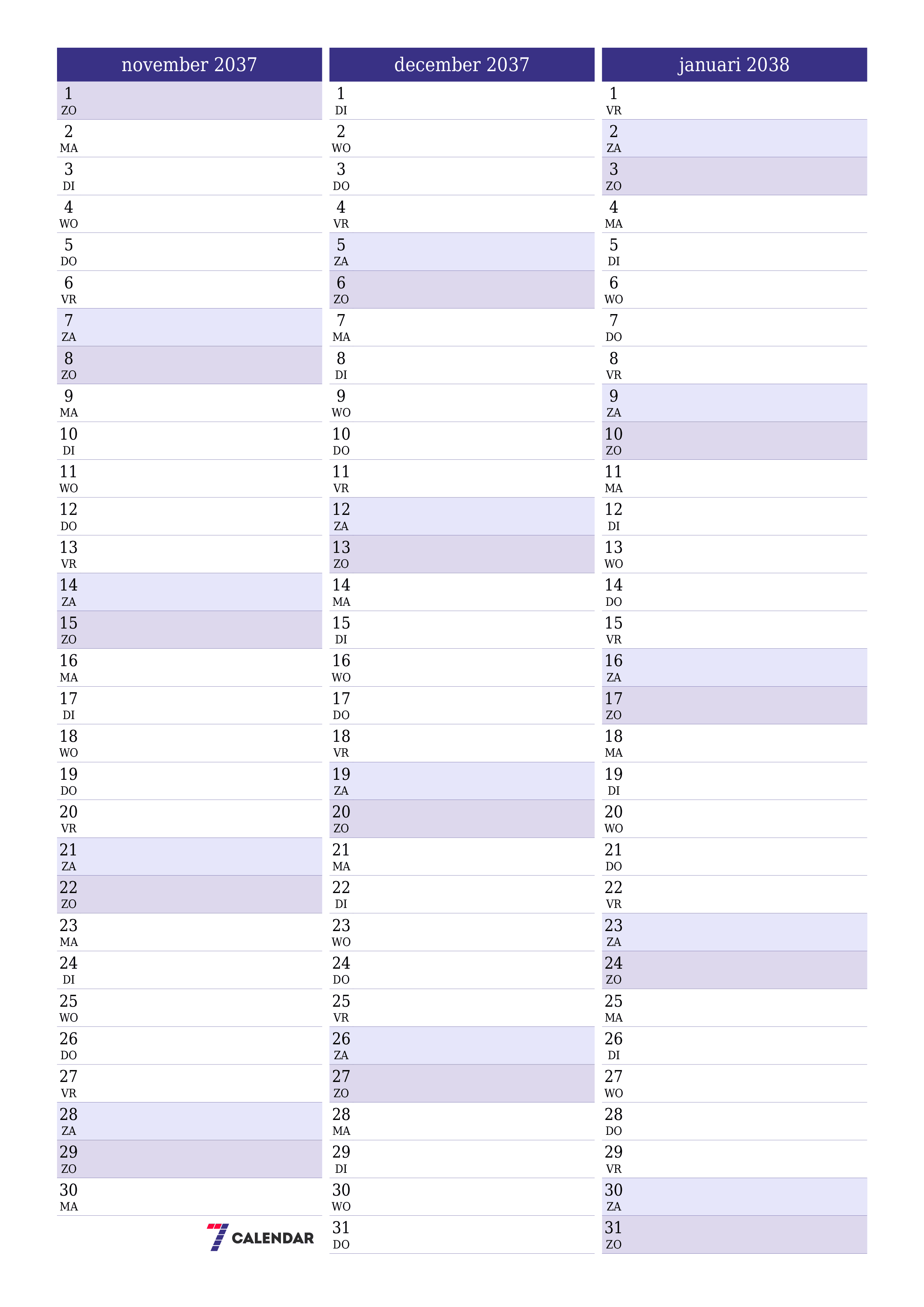 afdrukbare muur sjabloon gratis verticaal Maandelijks planner kalender november (nov) 2037