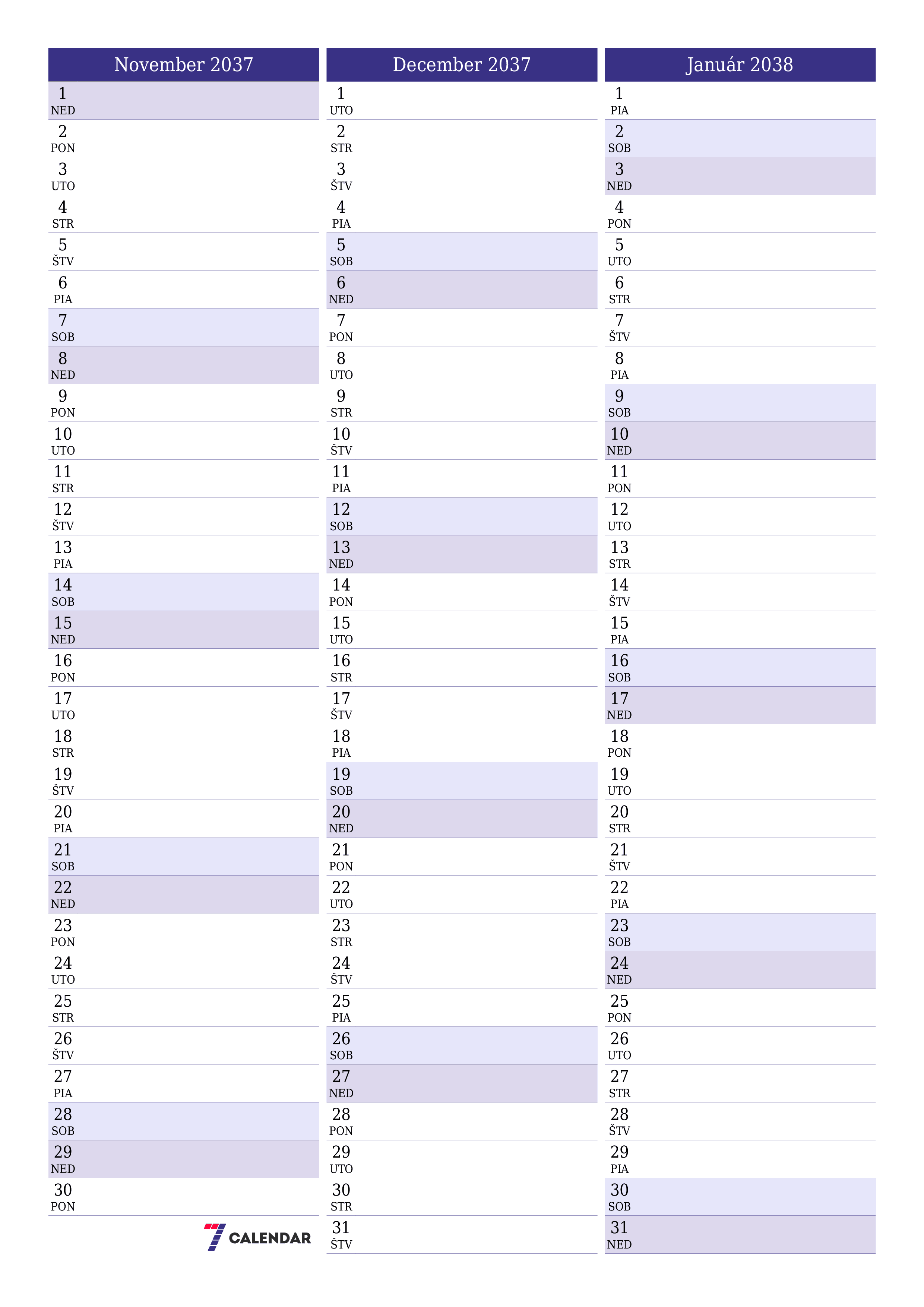 vytlačiteľný nástenný šablóna a bezplatný вертикальный Mesačne plánovač kalendár November (Nov) 2037