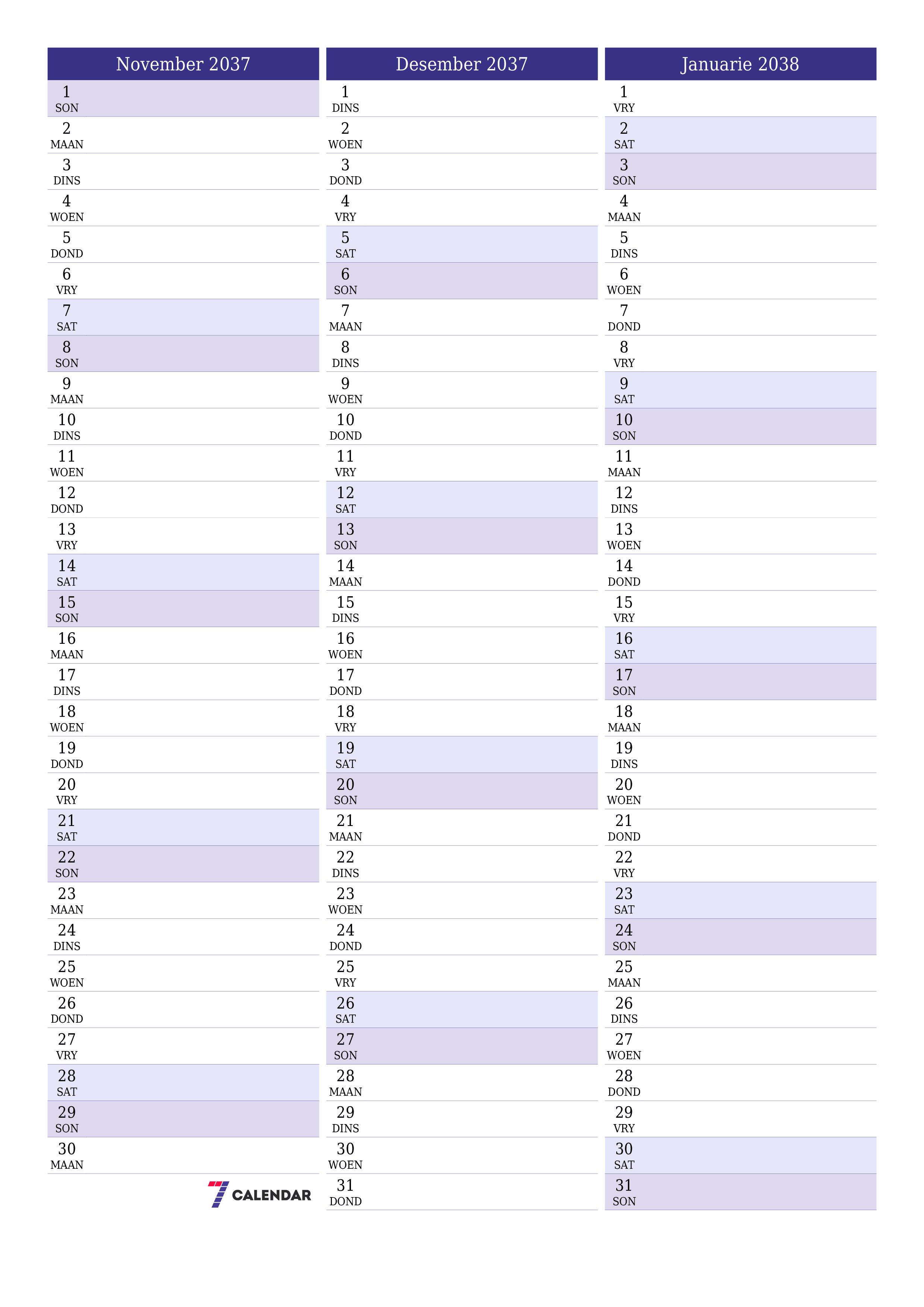 drukbare muur template gratis vertikaal Maandeliks beplanner kalender November (Nov) 2037