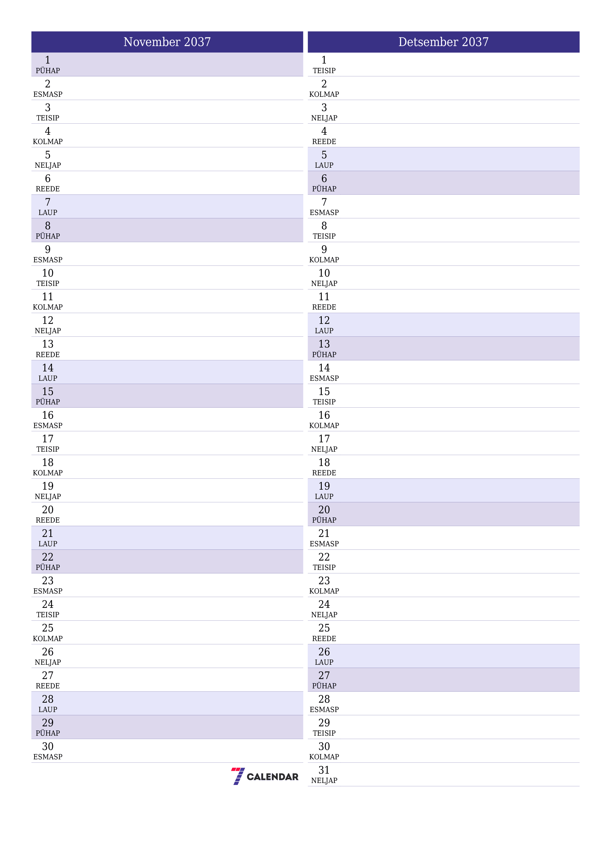 Tühjendage kuu November 2037 kuuplaneerija märkmetega, salvestage ja printige PDF-i PNG Estonian