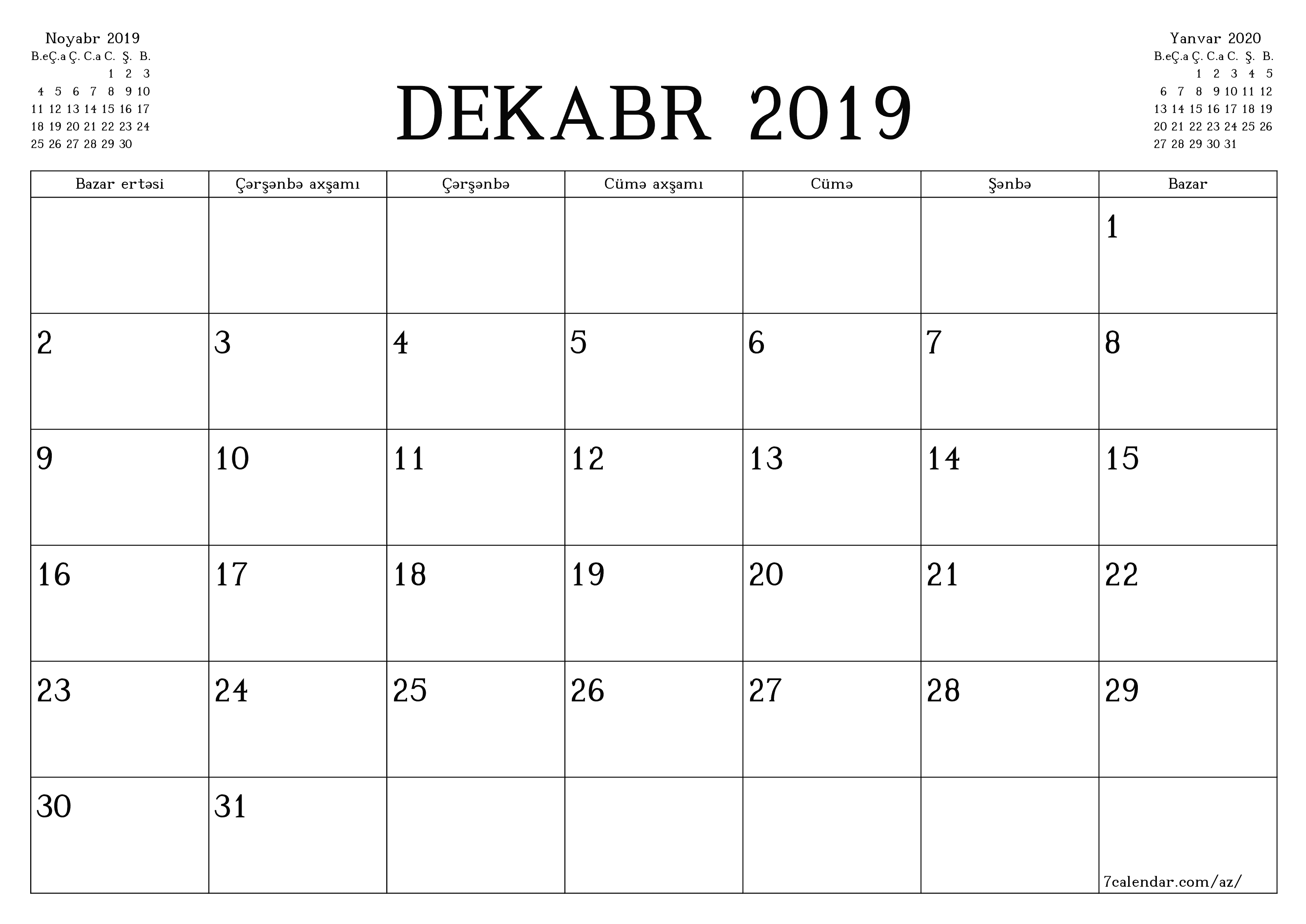 çap edilə bilən divar i şablonu pulsuz üfüqi Aylıq planlaşdırıcı təqvim Dekabr (Dek) 2019