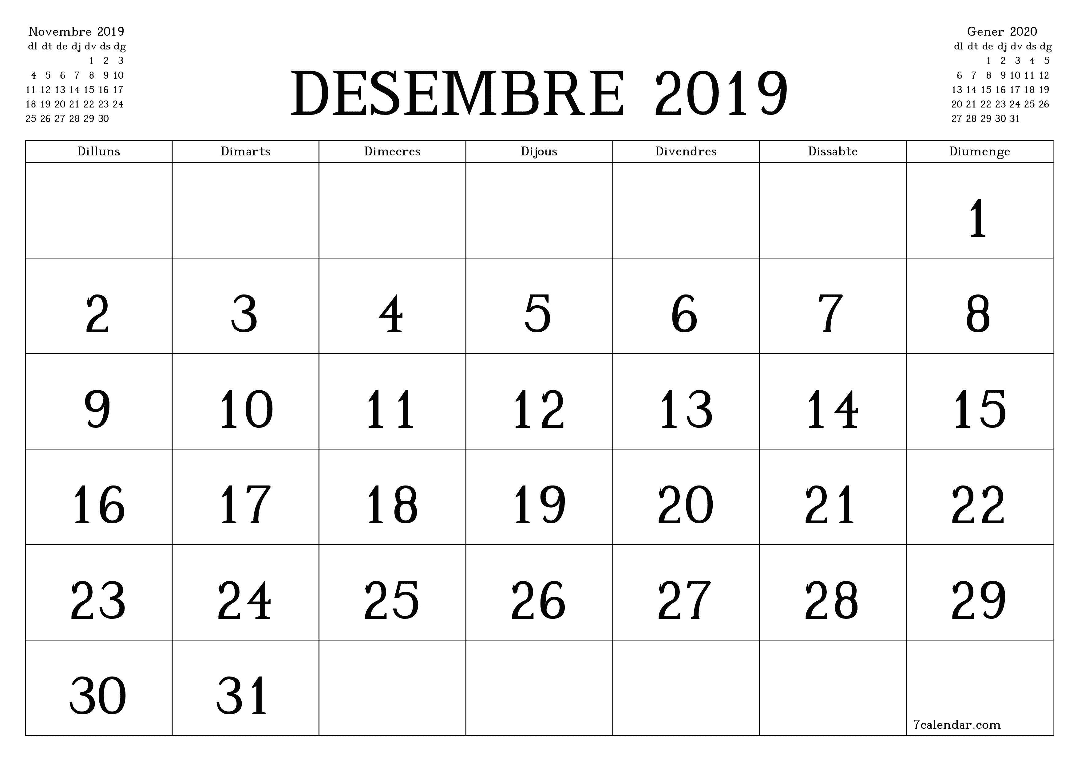 Planificador mensual buit del mes Desembre 2019 amb notes, deseu-lo i imprimiu-lo en format PDF PNG Catalan