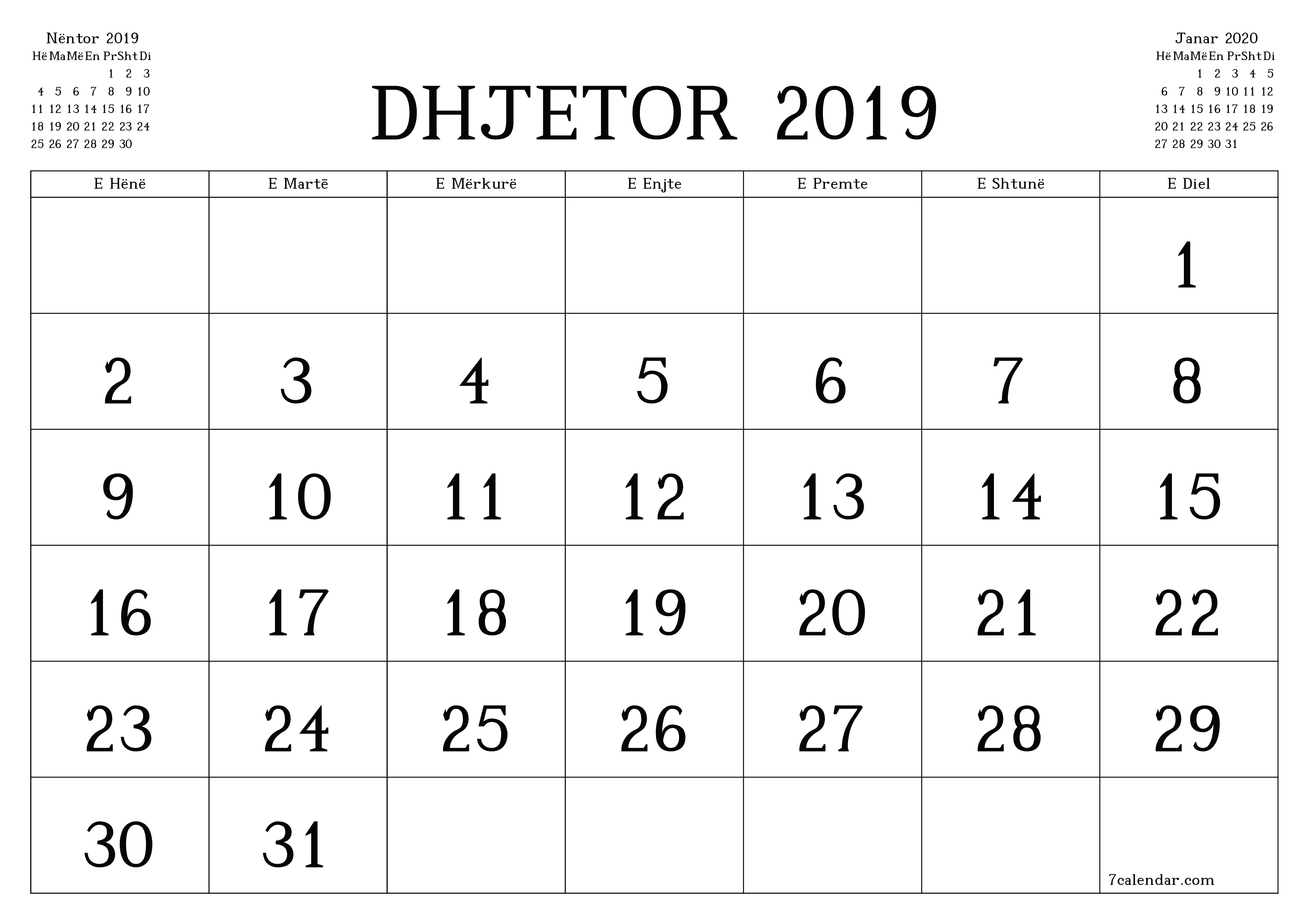 Planifikuesi i zbrazët i kalendarit mujor për muajin Dhjetor 2019 me shënime të ruajtura dhe të printuara në PDF PNG Albanian