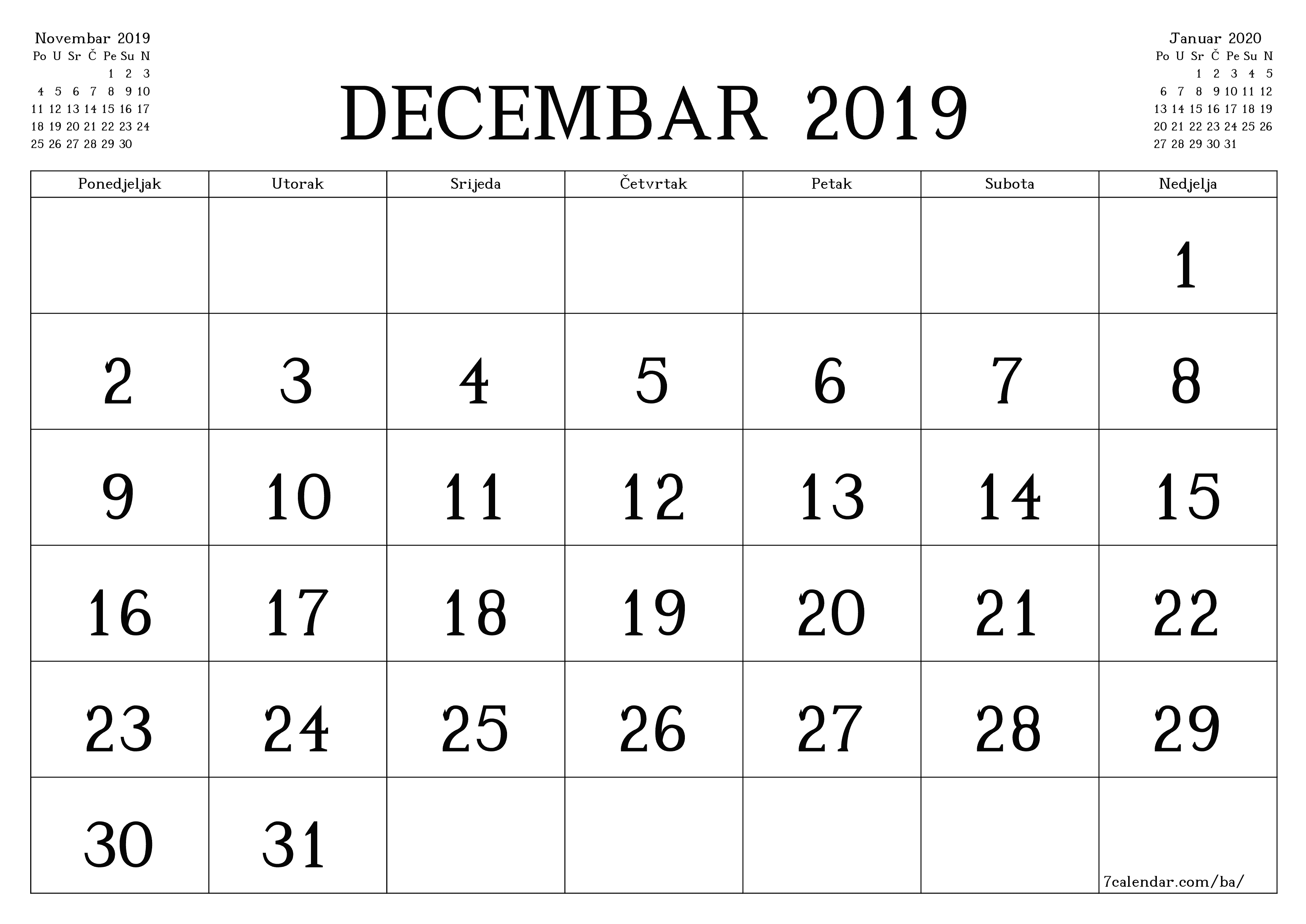  za štampanje zidni šablon a besplatni horizontalno Mjesečno kalendar Decembar (Dec) 2019