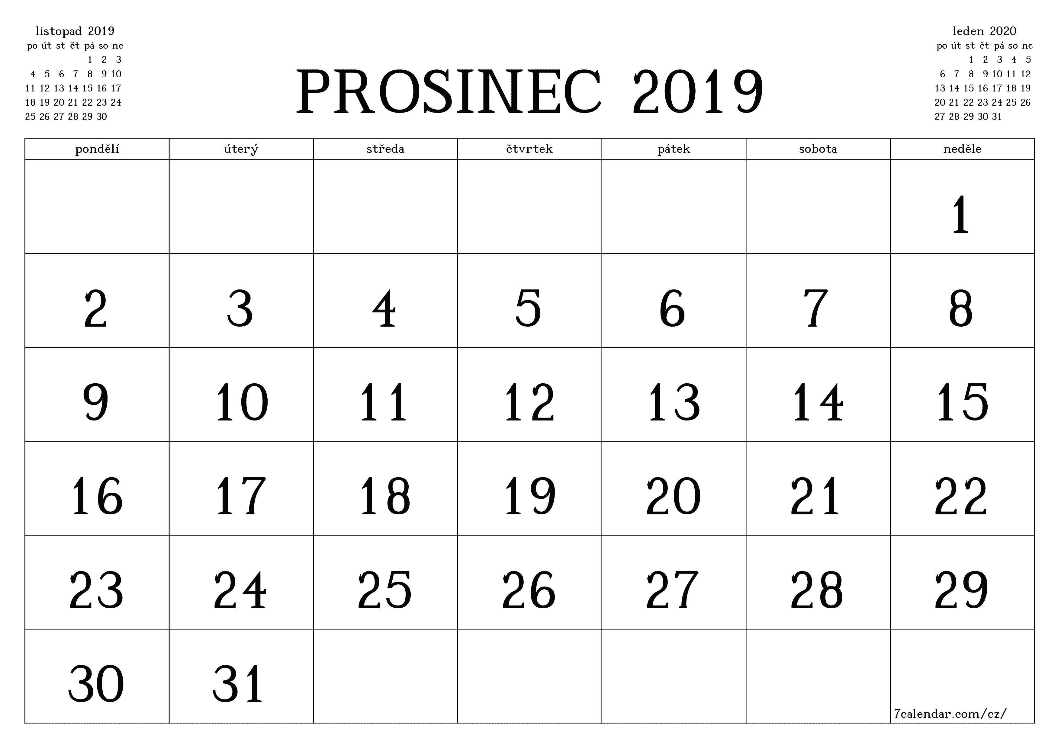  pro tisk nástěnný šablona e zdarmahorizontální Měsíční kalendář prosinec (pro) 2019