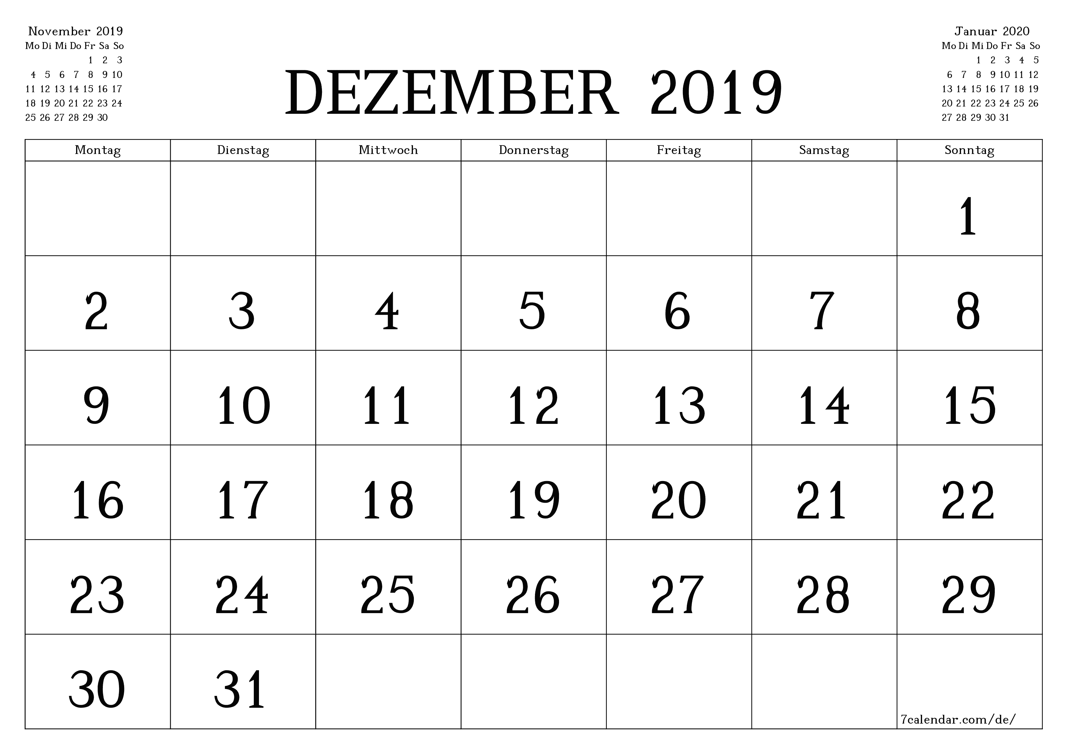 Monatsplaner für Monat Dezember 2019 mit Notizen leeren, speichern und als PDF PNG German - 7calendar.com drucken