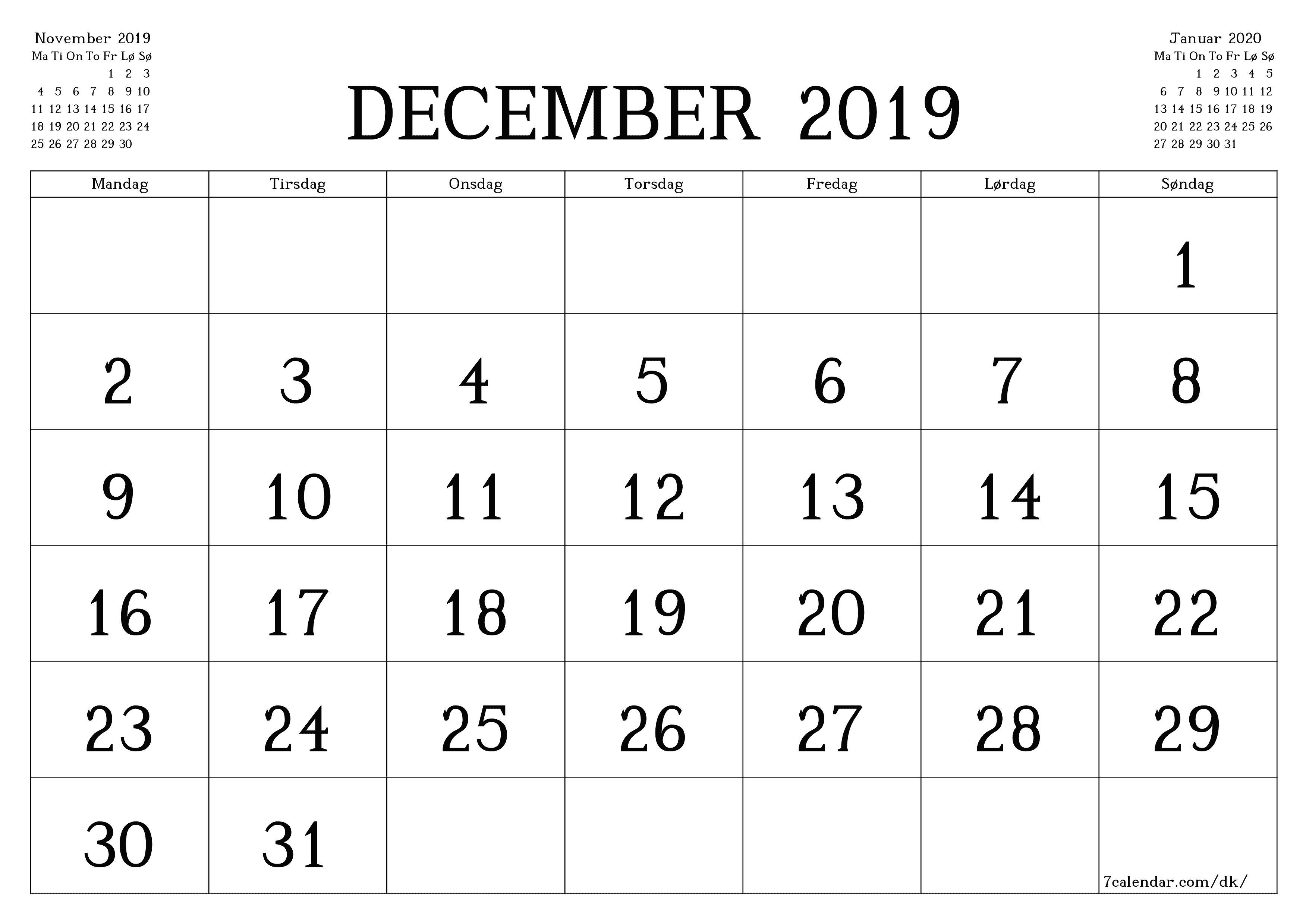 udskrivbar væg skabelon gratis vandret Månedlig kalender December (Dec) 2019