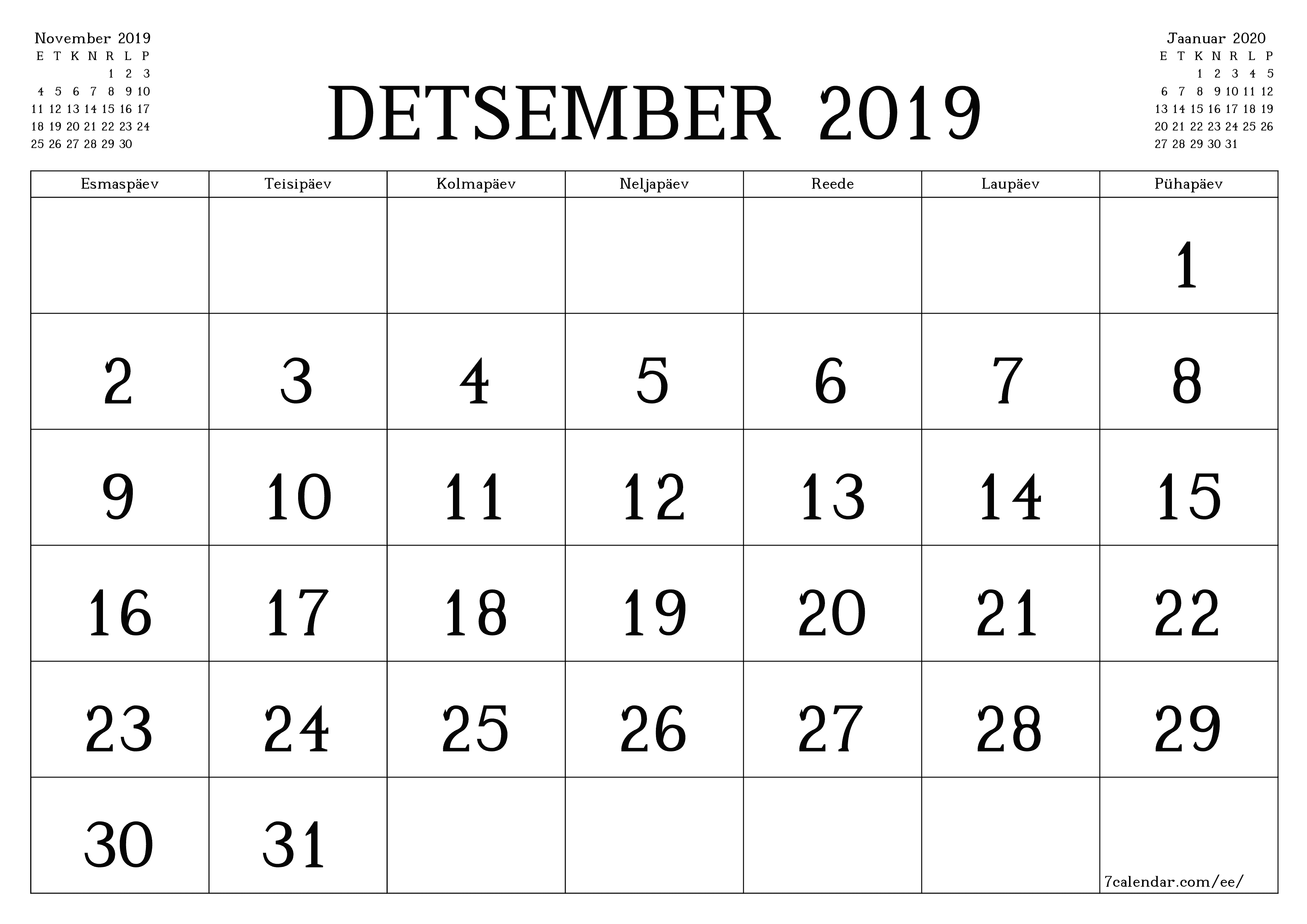 Tühjendage kuu Detsember 2019 kuuplaneerija märkmetega, salvestage ja printige PDF-i PNG Estonian