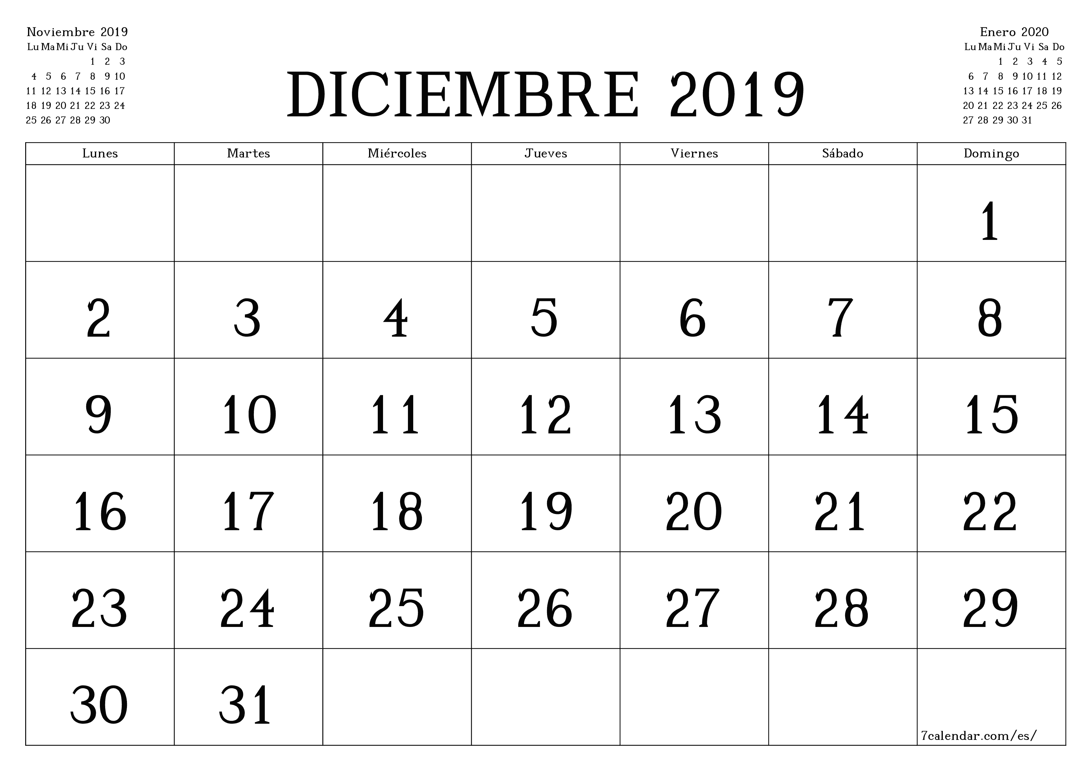 Planificador mensual vacío para el mes Diciembre 2019 con notas, guardar e imprimir en PDF PNG Spanish