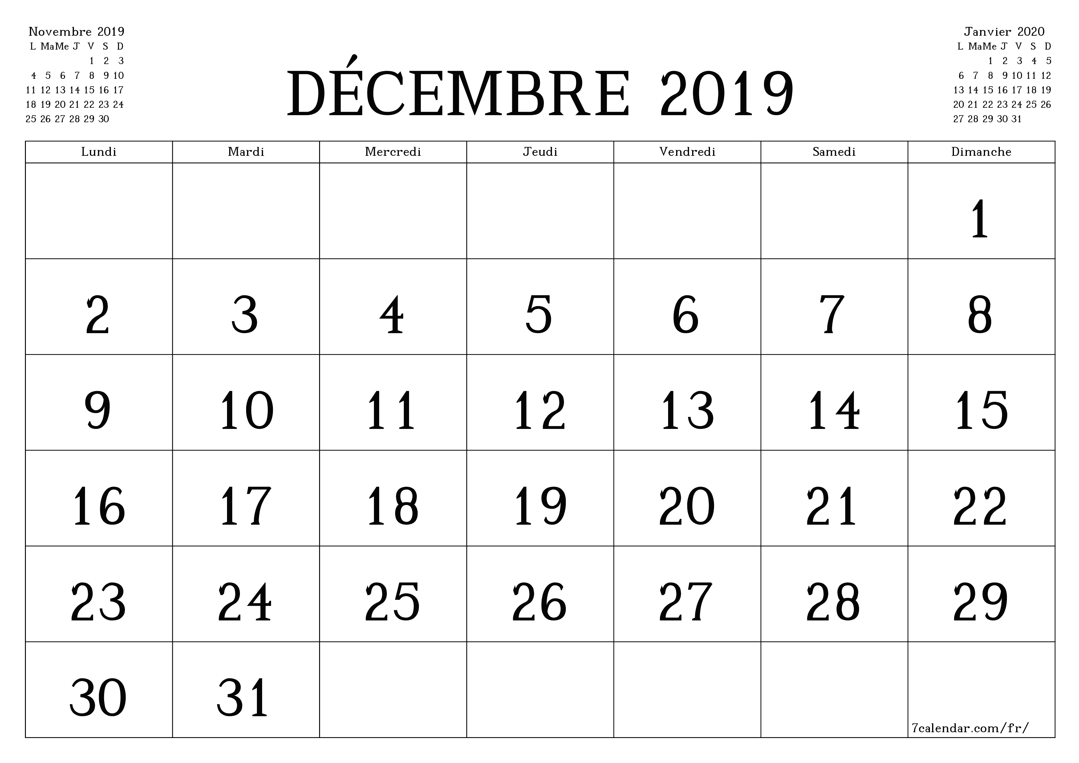 Agenda mensuel vide pour le mois Décembre 2019 avec notes, enregistrez et imprimez au format PDF PNG French