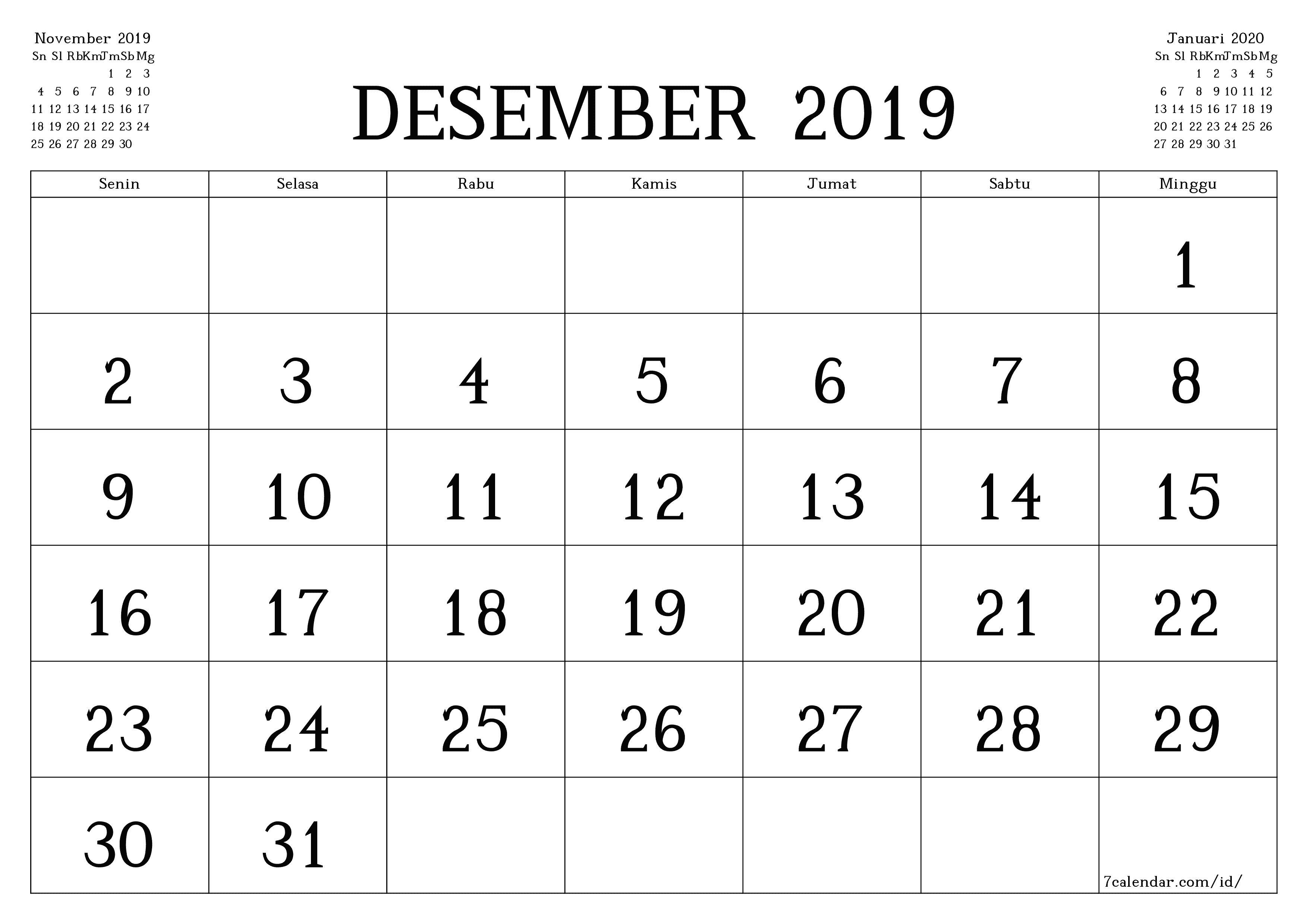  yang dapat dicetak dinding templat gratishorisontal Bulanan kalender Desember (Des) 2019