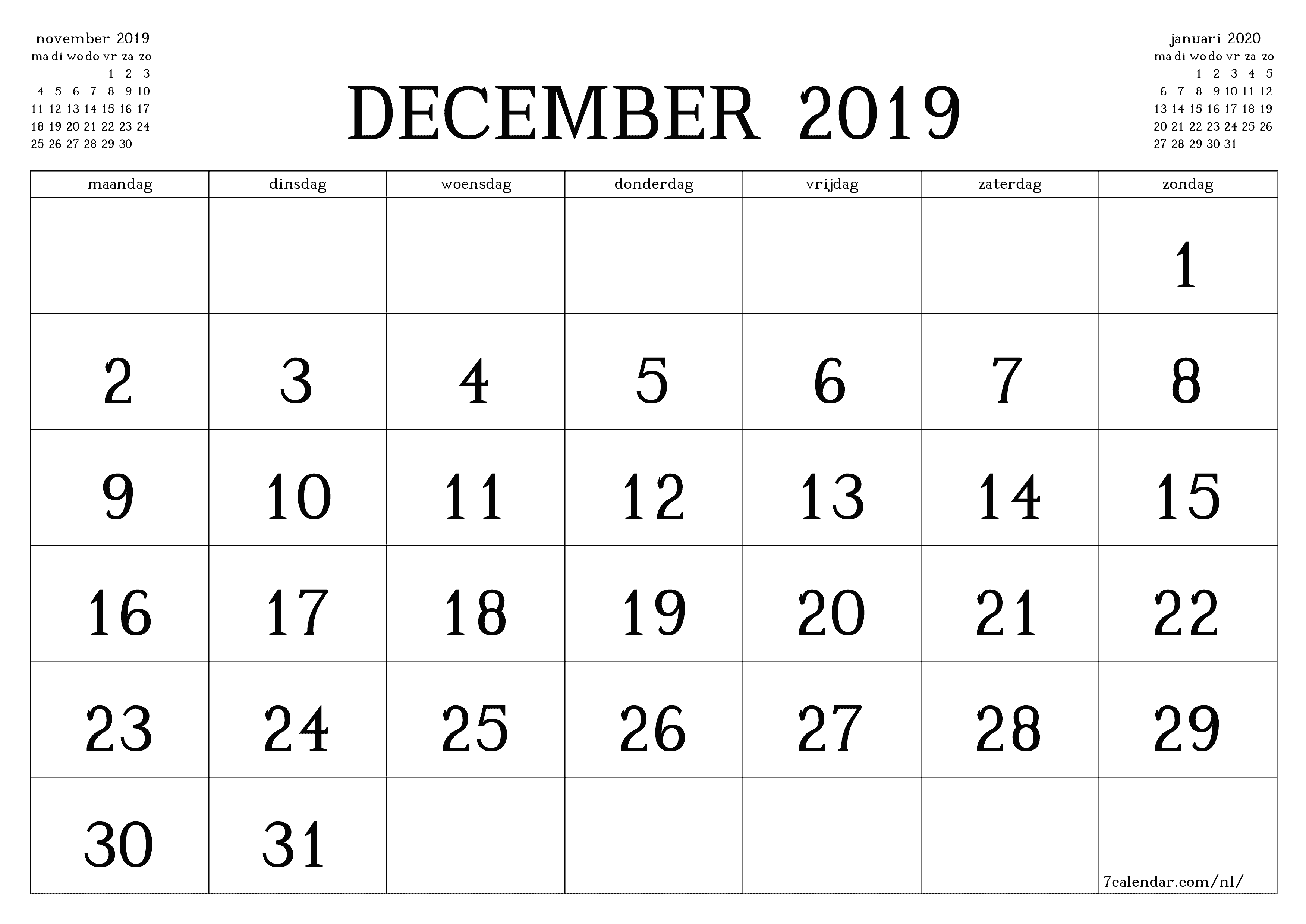 Lege maandplanner voor maand december 2019 met notities, opslaan en afdrukken naar pdf PNG Dutch