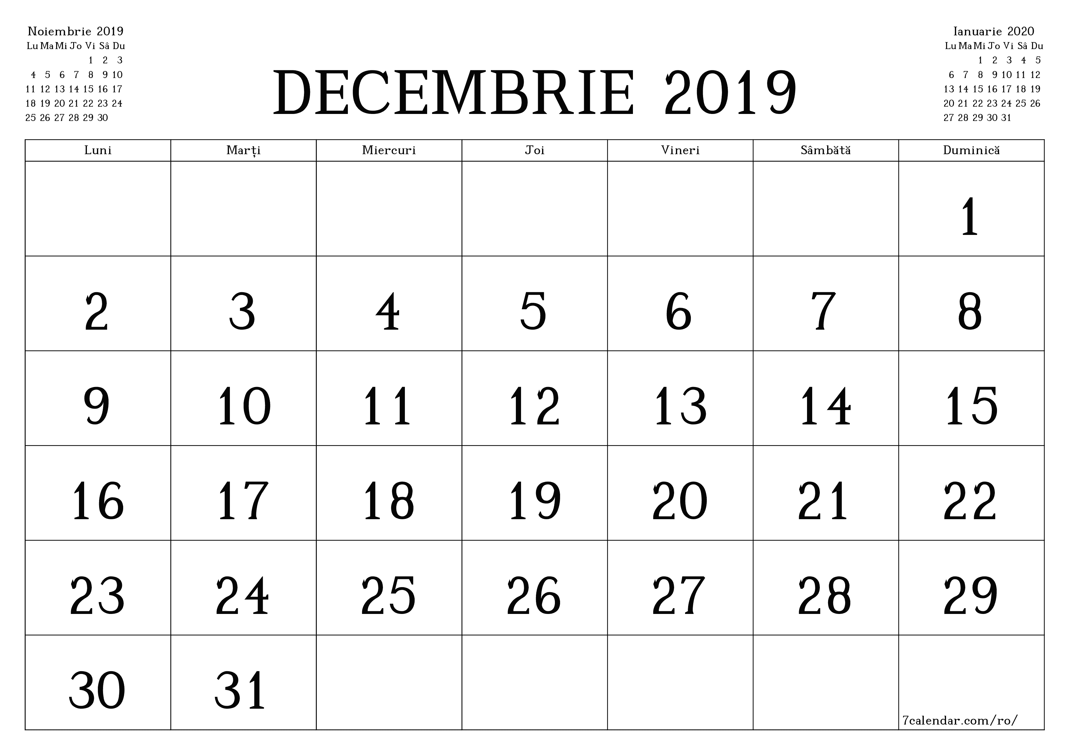 Planificator lunar gol pentru luna Decembrie 2019 cu note, salvați și tipăriți în PDF PNG Romanian