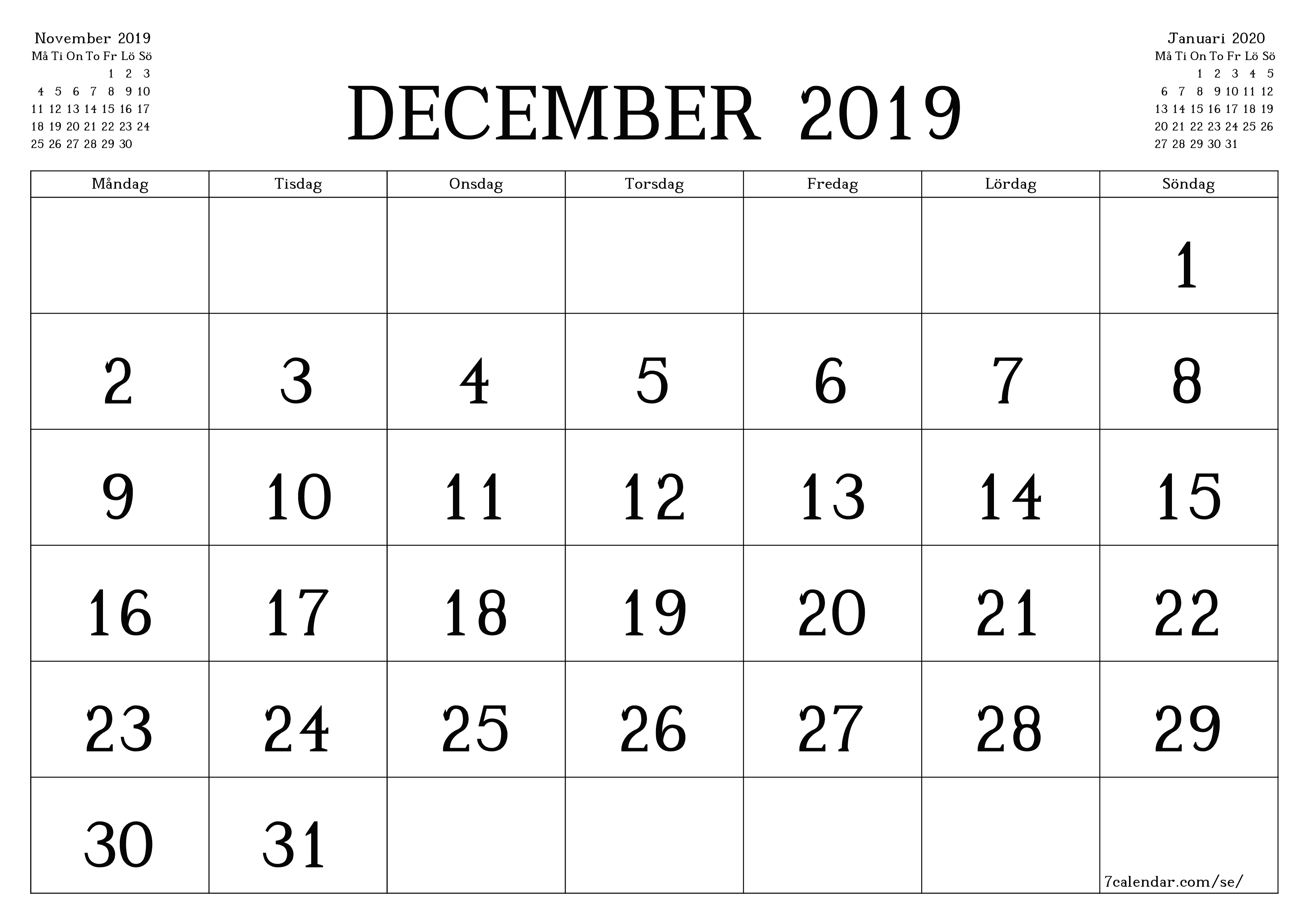 utskrivbar vägg mall gratis horisontell Månatlig kalender December (Dec) 2019