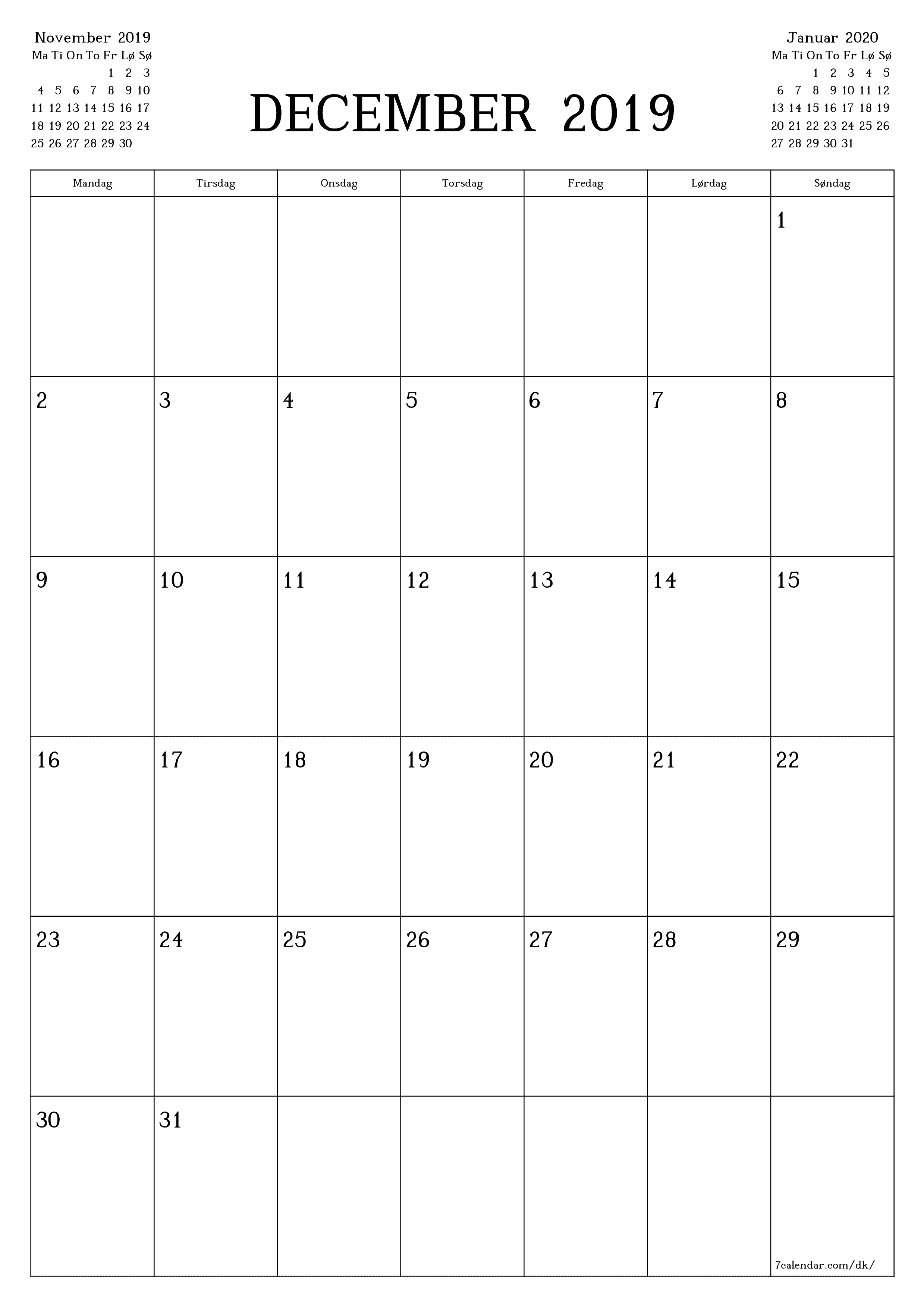 udskrivbar væg skabelon gratis lodret Månedlig planlægger kalender December (Dec) 2019