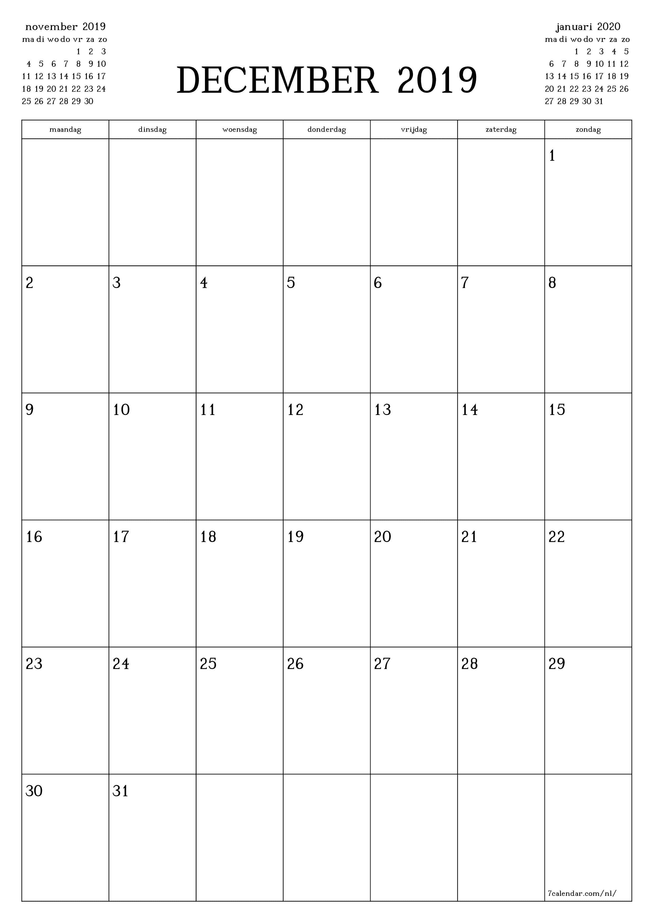 Lege maandplanner voor maand december 2019 met notities, opslaan en afdrukken naar pdf PNG Dutch