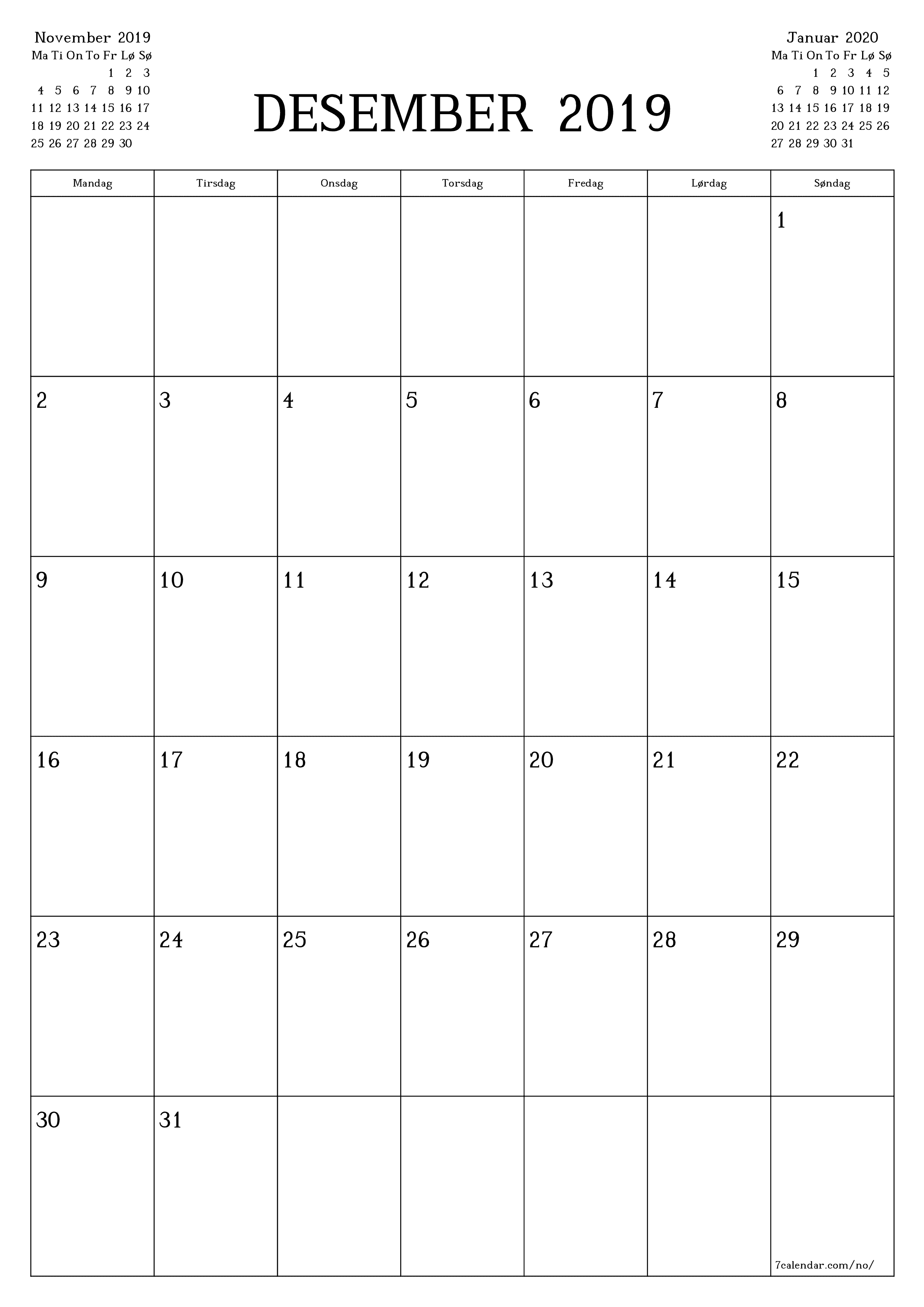 Tom månedlig planlegger for måned Desember 2019 med notater, lagre og skriv ut til PDF PNG Norwegian