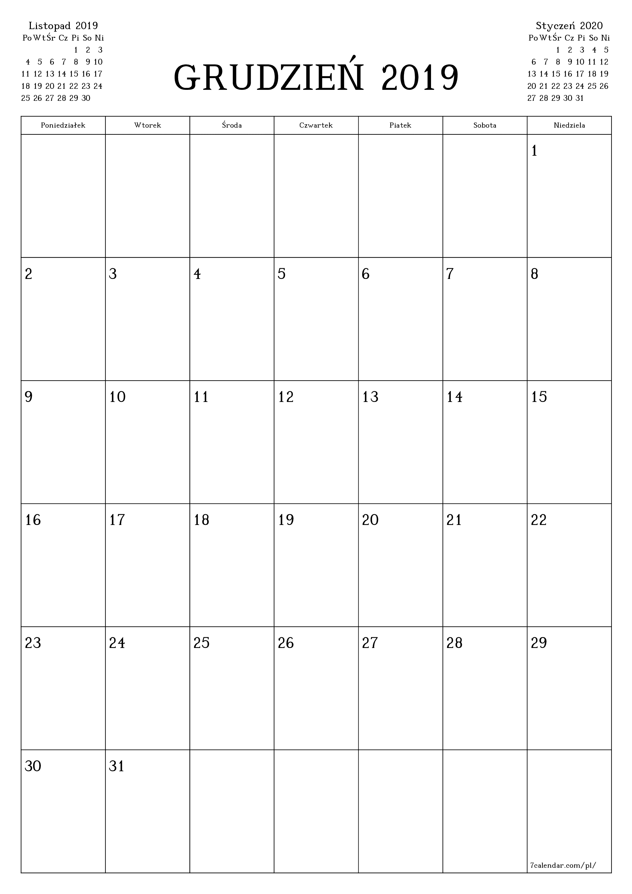  do druku ścienny szablon a darmowy pionowy Miesięczny planista kalendarz Grudzień (Gru) 2019