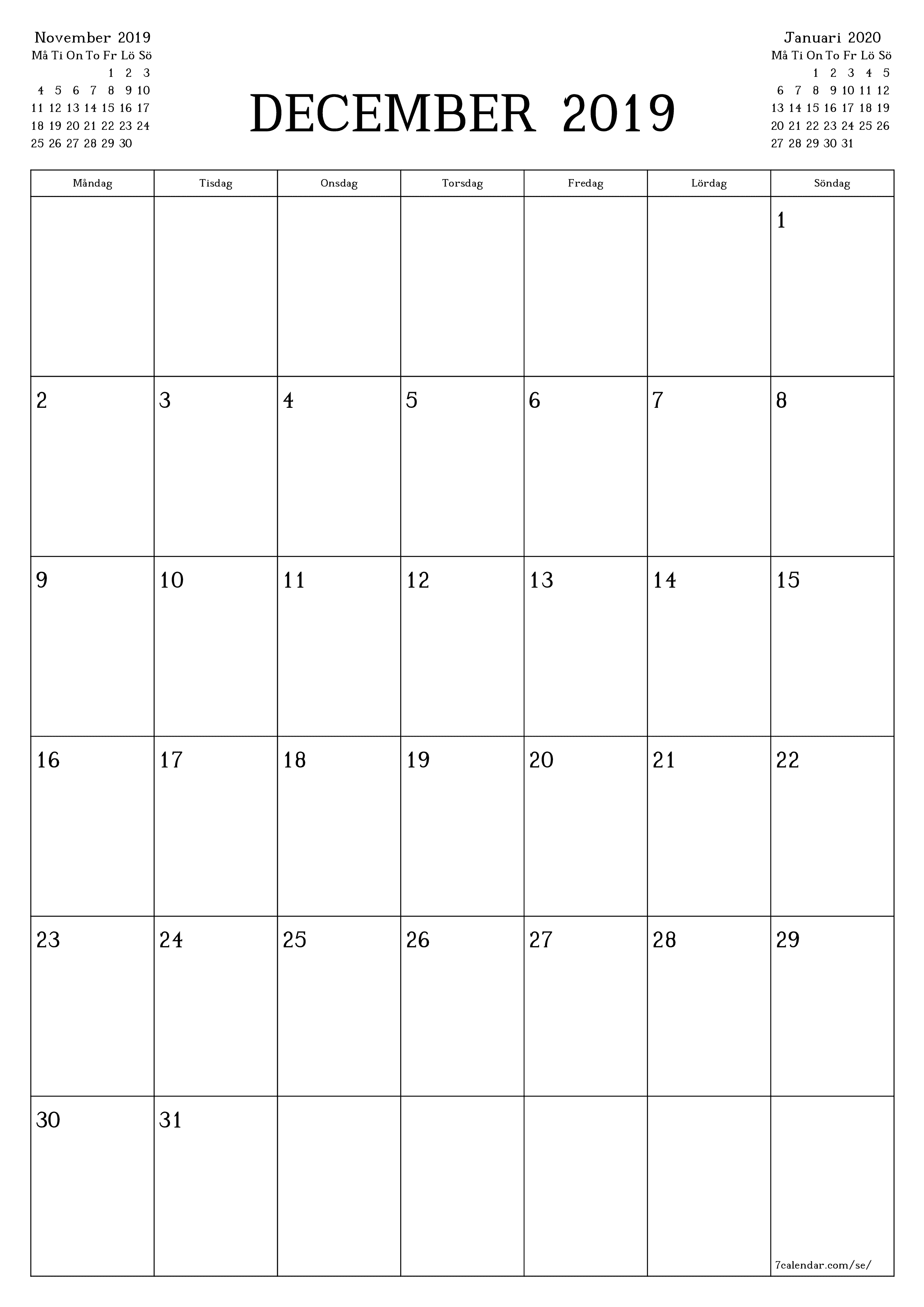 utskrivbar vägg mall gratis vertikal Månatlig planerare kalender December (Dec) 2019