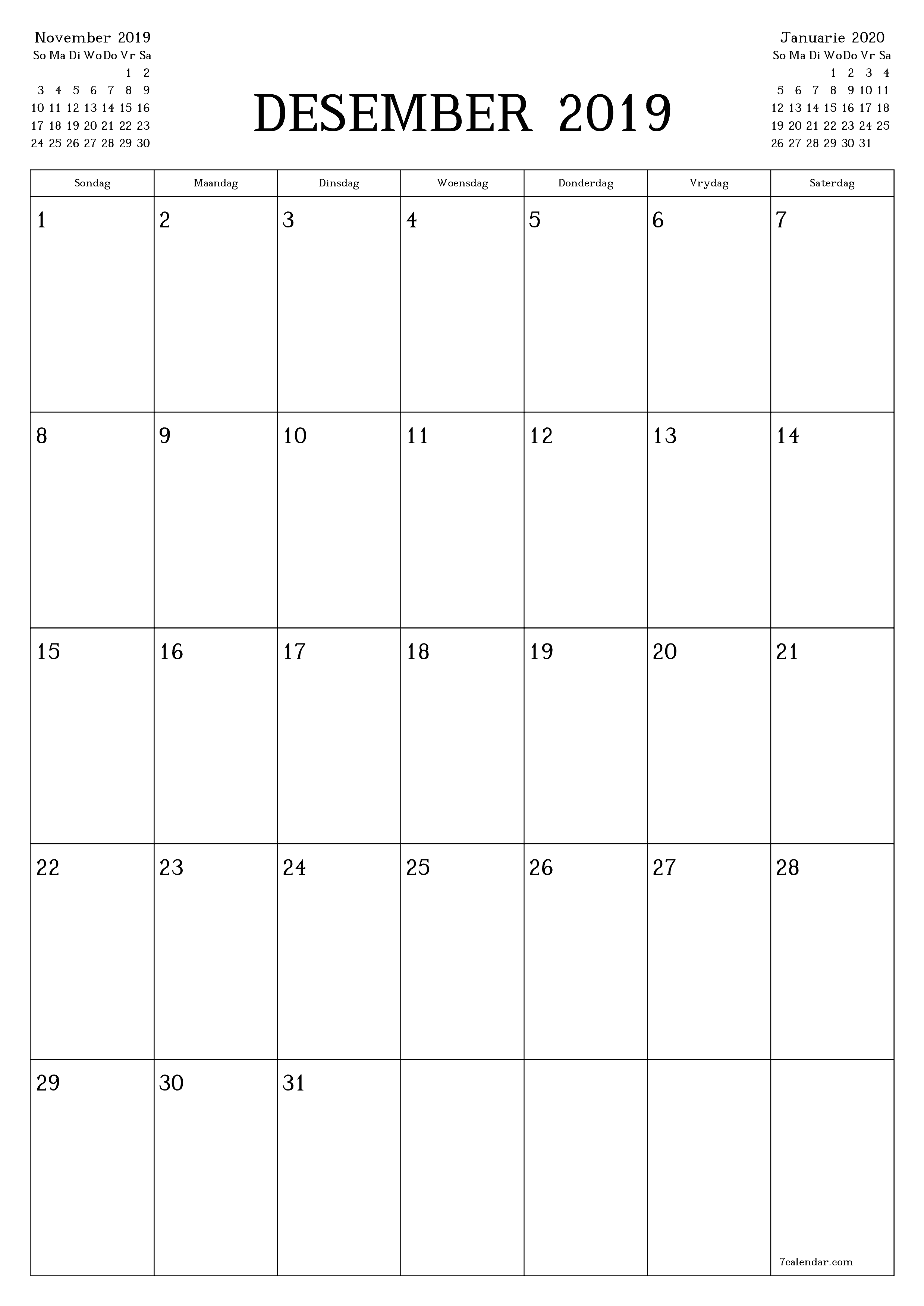 Leë maandelikse drukbare kalender en beplanner vir maand Desember 2019 met notas stoor en druk na PDF PNG Afrikaans