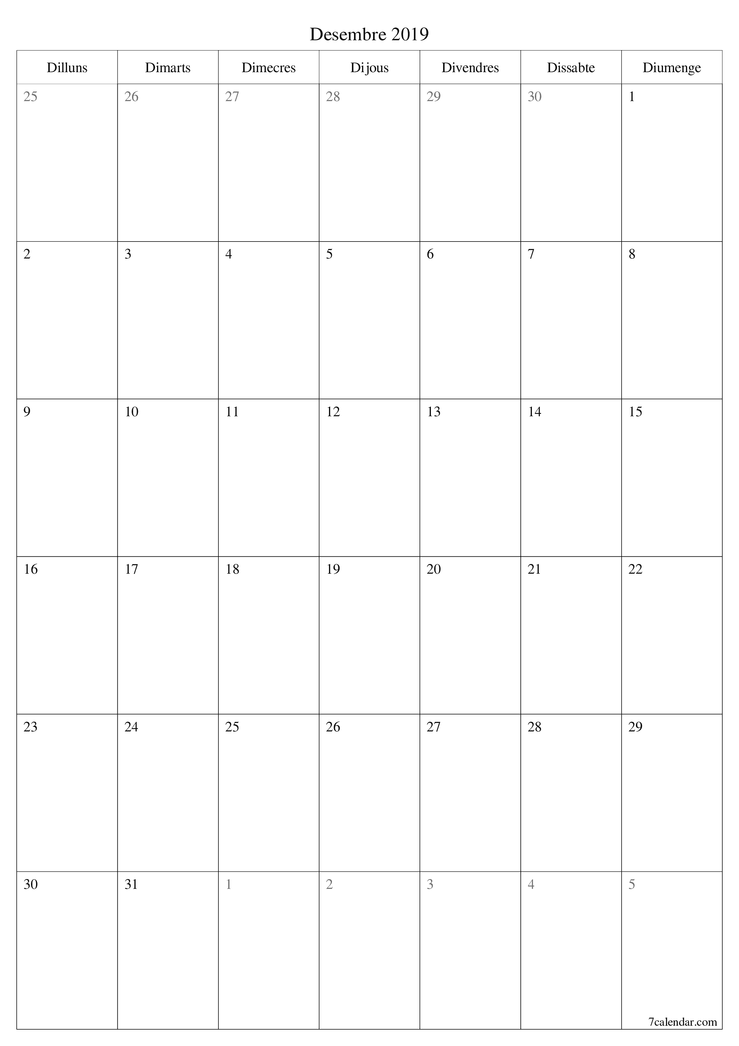 Planificador mensual buit del mes Desembre 2019 amb notes, deseu-lo i imprimiu-lo en format PDF PNG Catalan