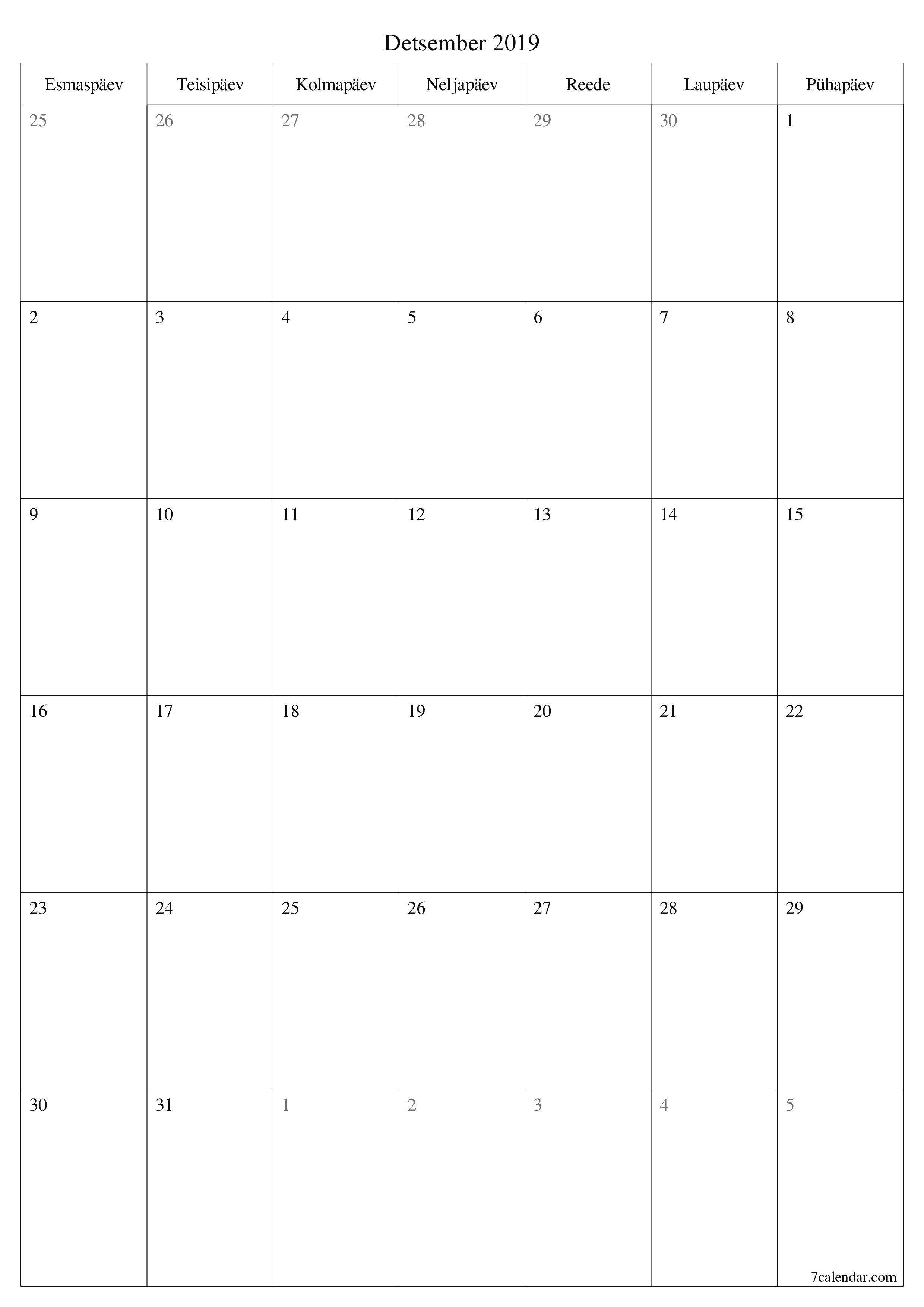 Tühjendage kuu Detsember 2019 kuuplaneerija märkmetega, salvestage ja printige PDF-i PNG Estonian