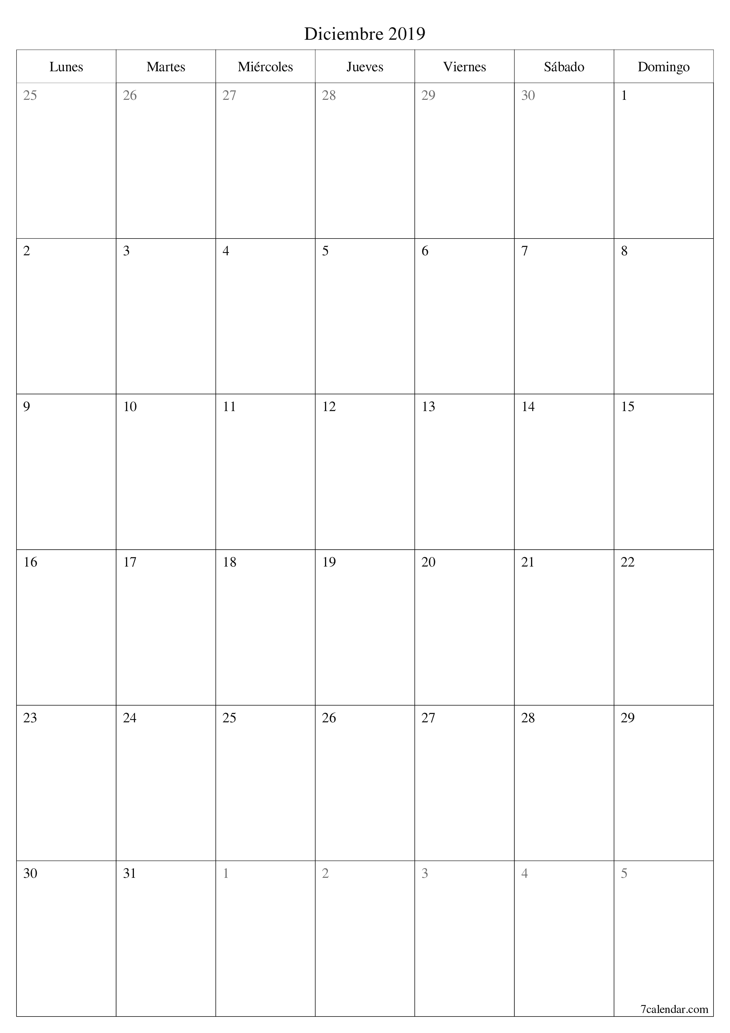 Planificador mensual vacío para el mes Diciembre 2019 con notas, guardar e imprimir en PDF PNG Spanish