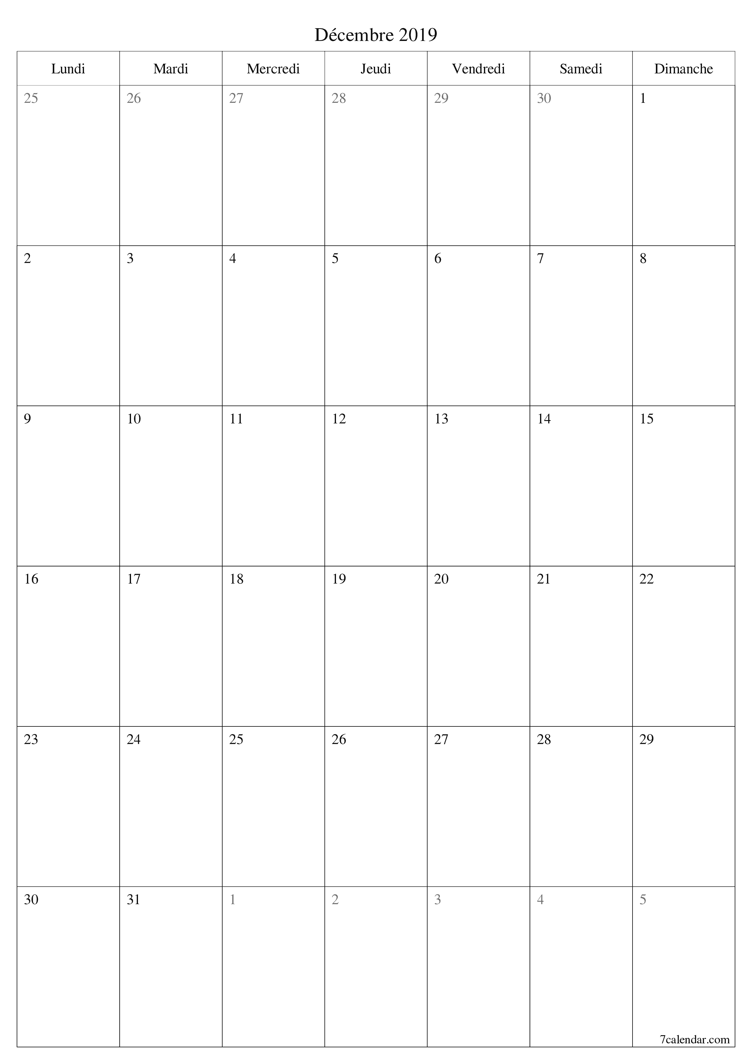 Agenda mensuel vide pour le mois Décembre 2019 avec notes, enregistrez et imprimez au format PDF PNG French