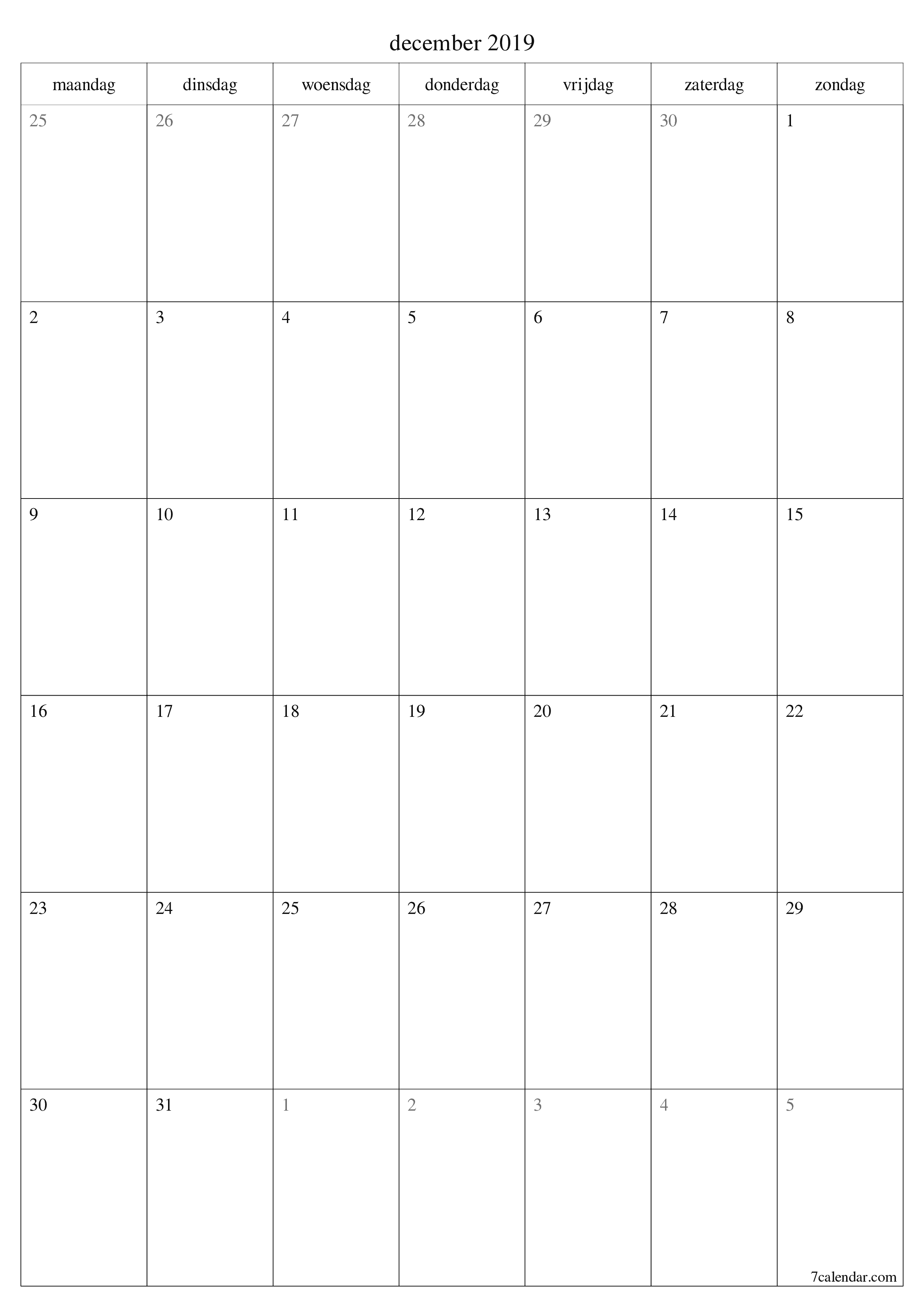 Lege maandplanner voor maand december 2019 met notities, opslaan en afdrukken naar pdf PNG Dutch