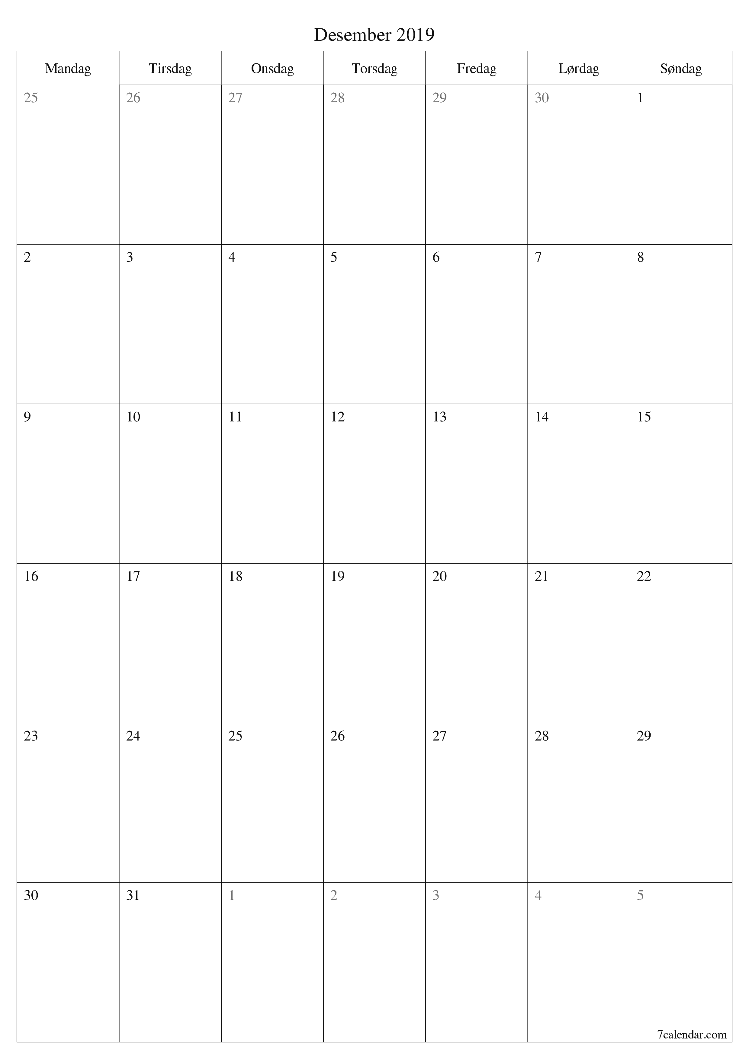 Tom månedlig planlegger for måned Desember 2019 med notater, lagre og skriv ut til PDF PNG Norwegian