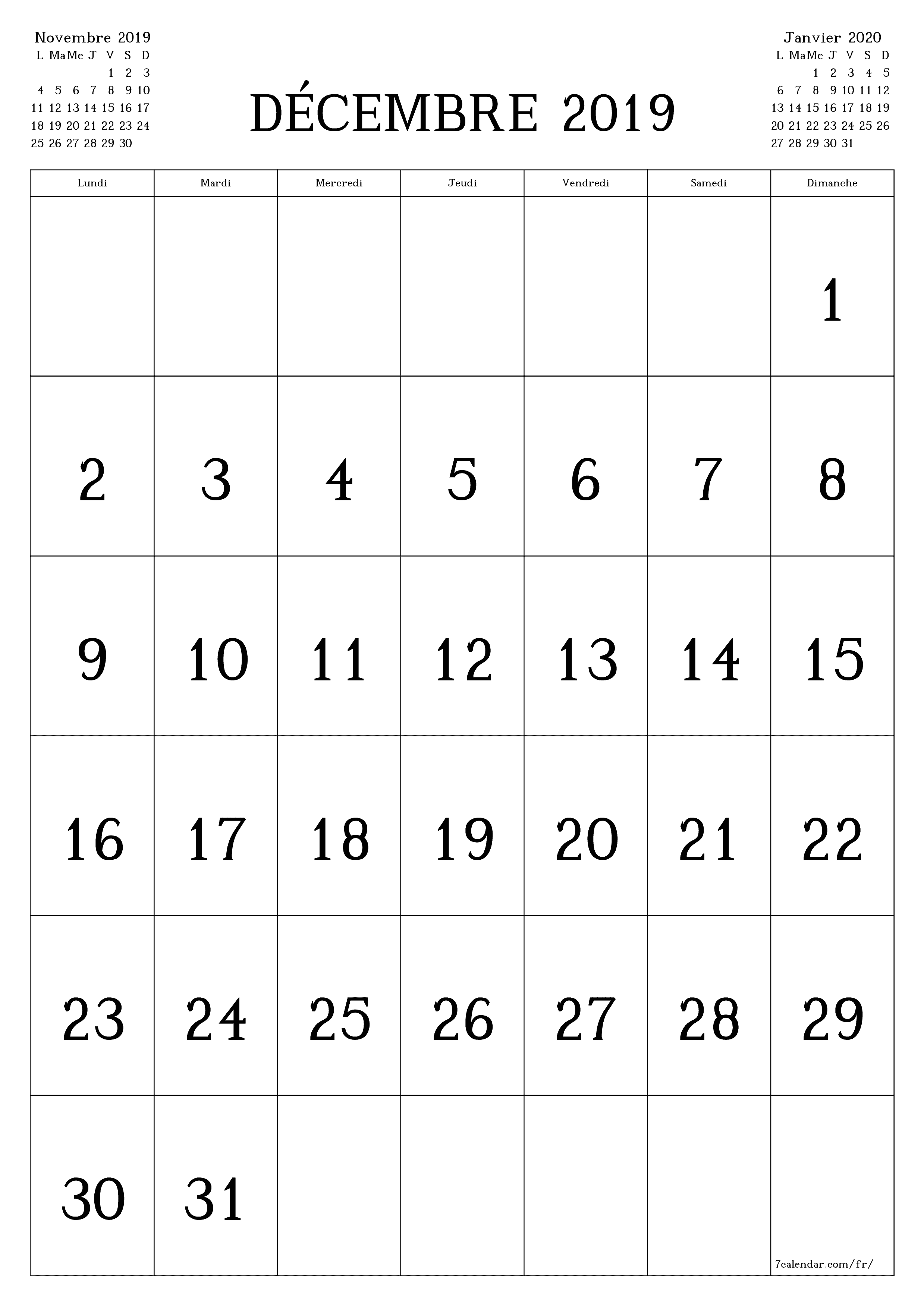  imprimable mural modèle de gratuitverticale Mensuel calendrier Décembre (Déc) 2019