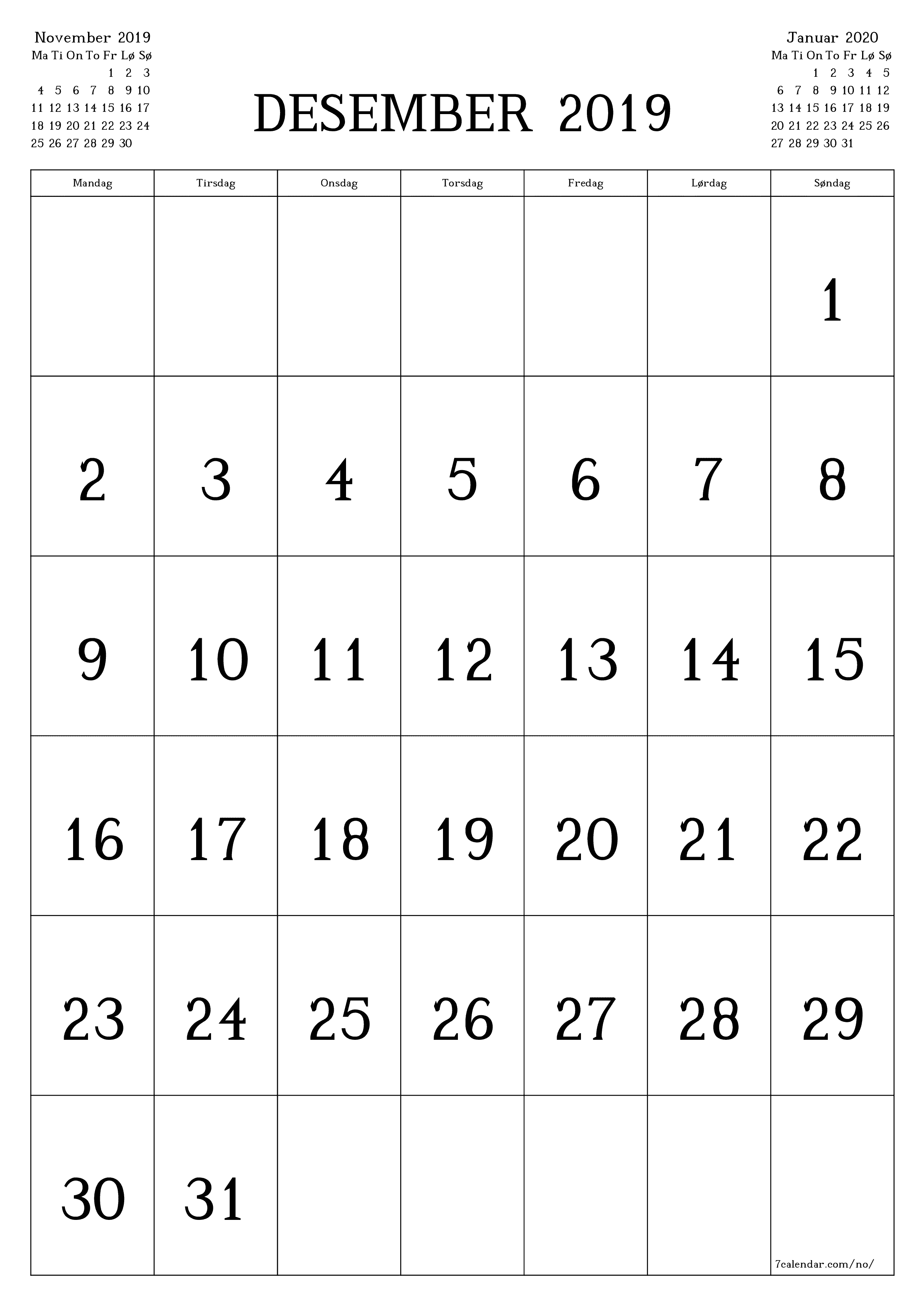 utskrivbar vegg mal gratis vertikal Månedlig kalender Desember (Des) 2019