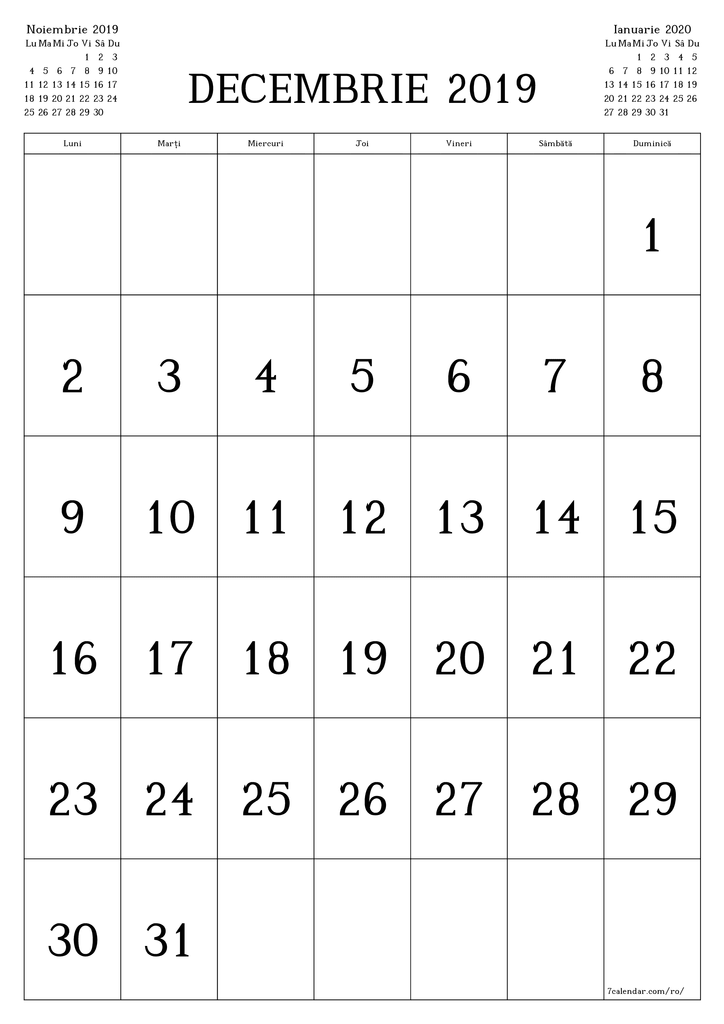  imprimabil de perete șablon de gratuitvertical Lunar calendar Decembrie (Dec) 2019