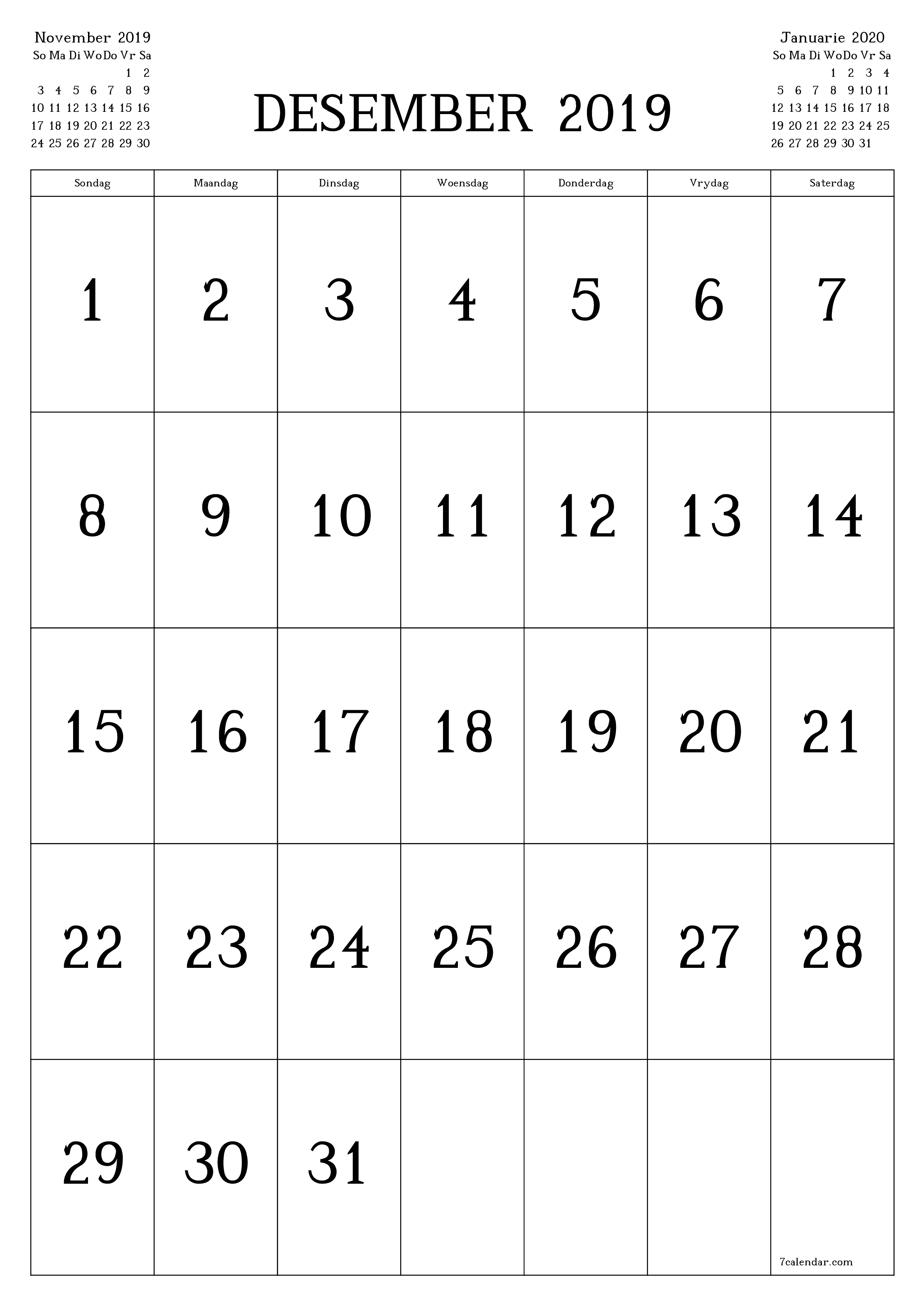 Leë maandelikse drukbare kalender en beplanner vir maand Desember 2019 met notas stoor en druk na PDF PNG Afrikaans