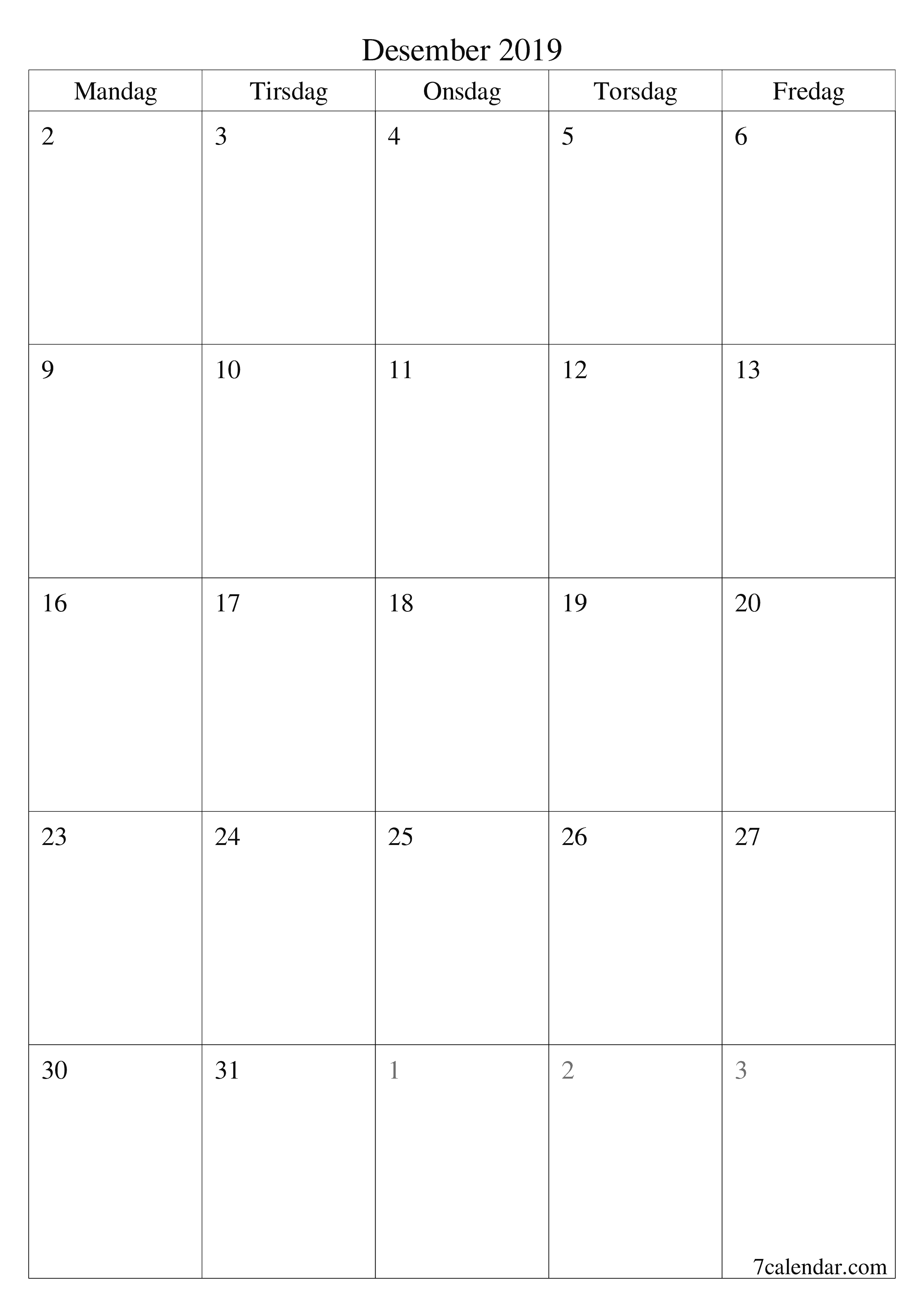 utskrivbar vegg mal gratis vertikal Månedlig planlegger kalender Desember (Des) 2019