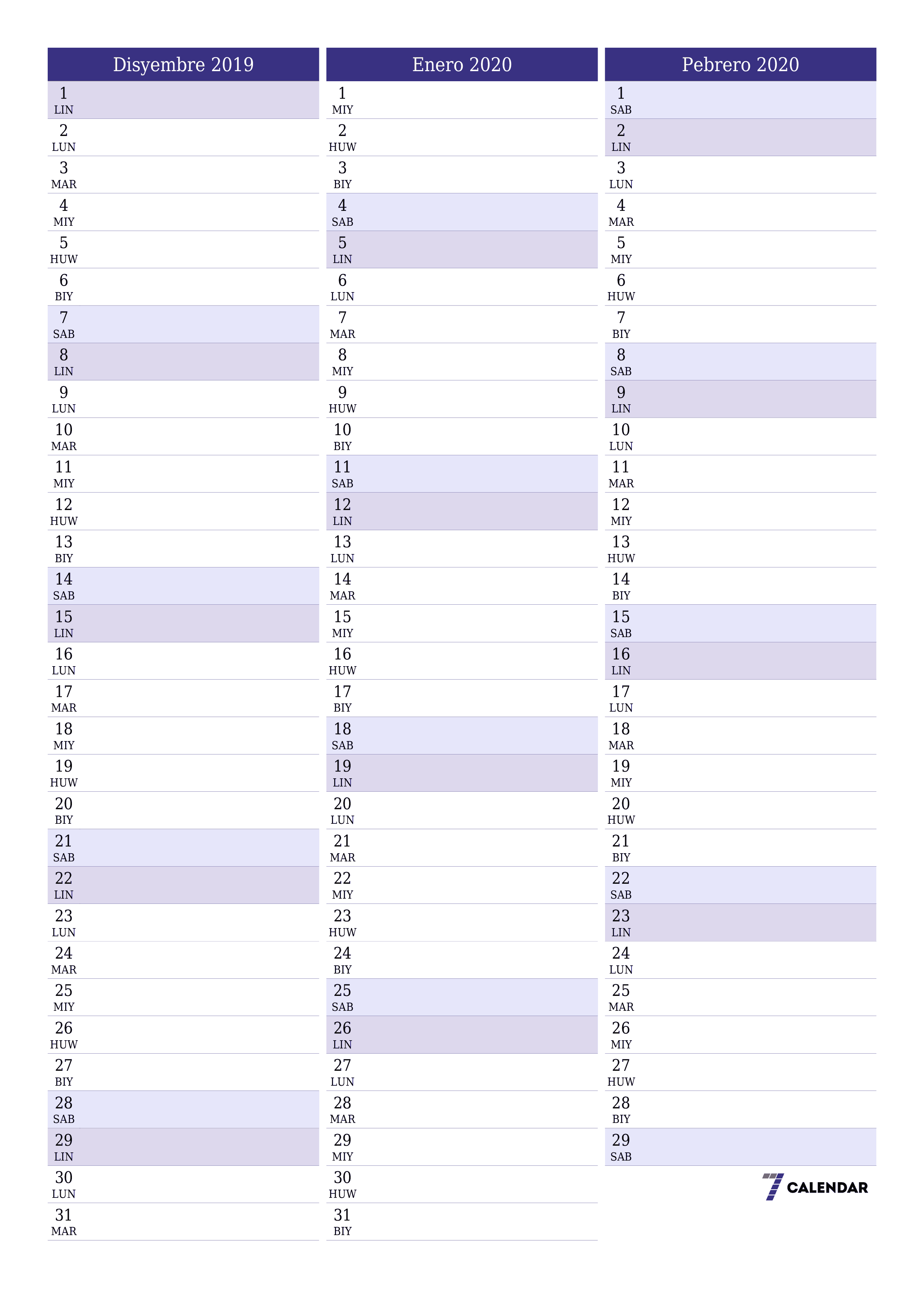 napi-print na sa dingding template ng libreng patayo Buwanang tagaplano kalendaryo Disyembre (Dis) 2019