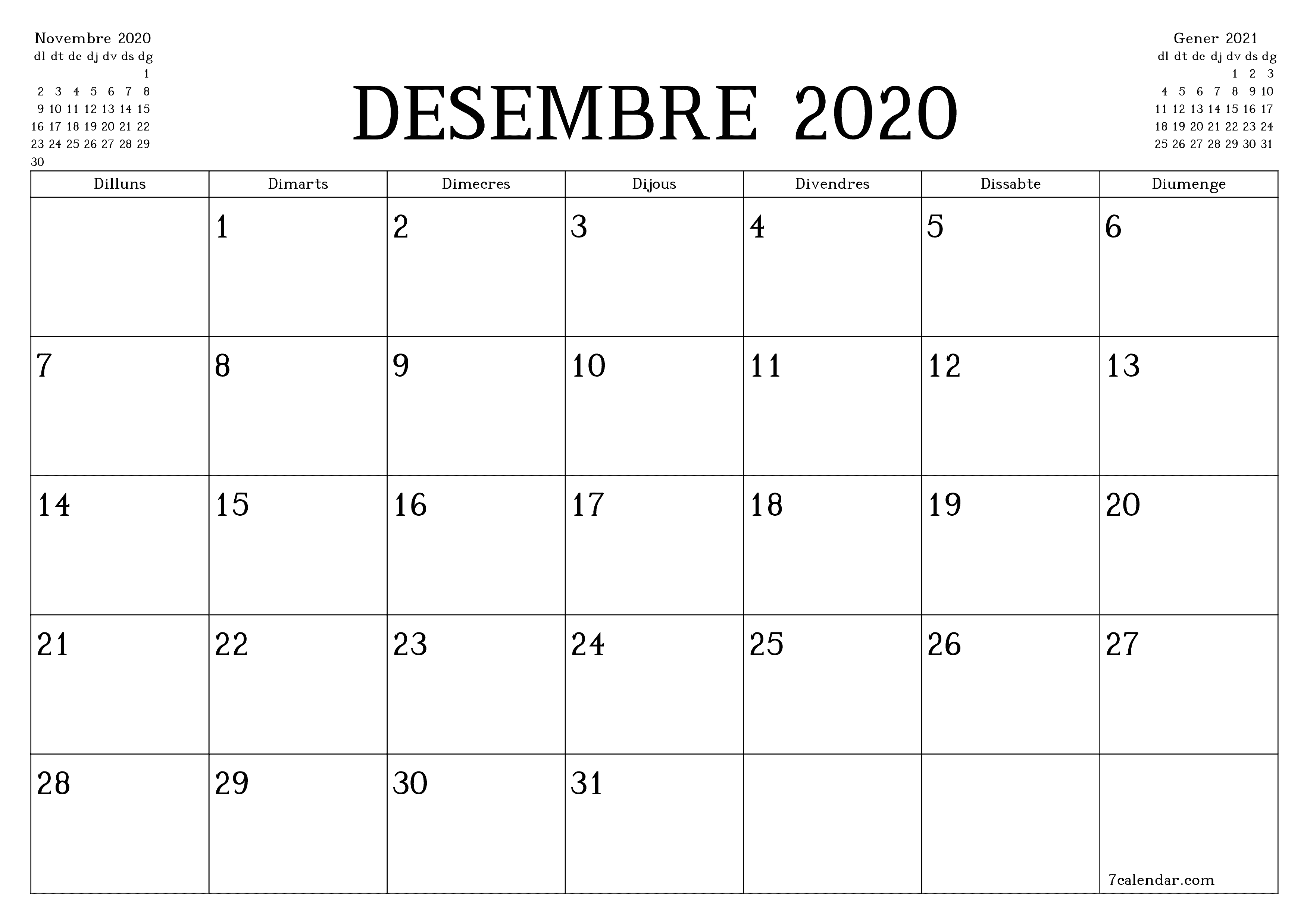 Planificador mensual buit del mes Desembre 2020 amb notes, deseu-lo i imprimiu-lo en format PDF PNG Catalan