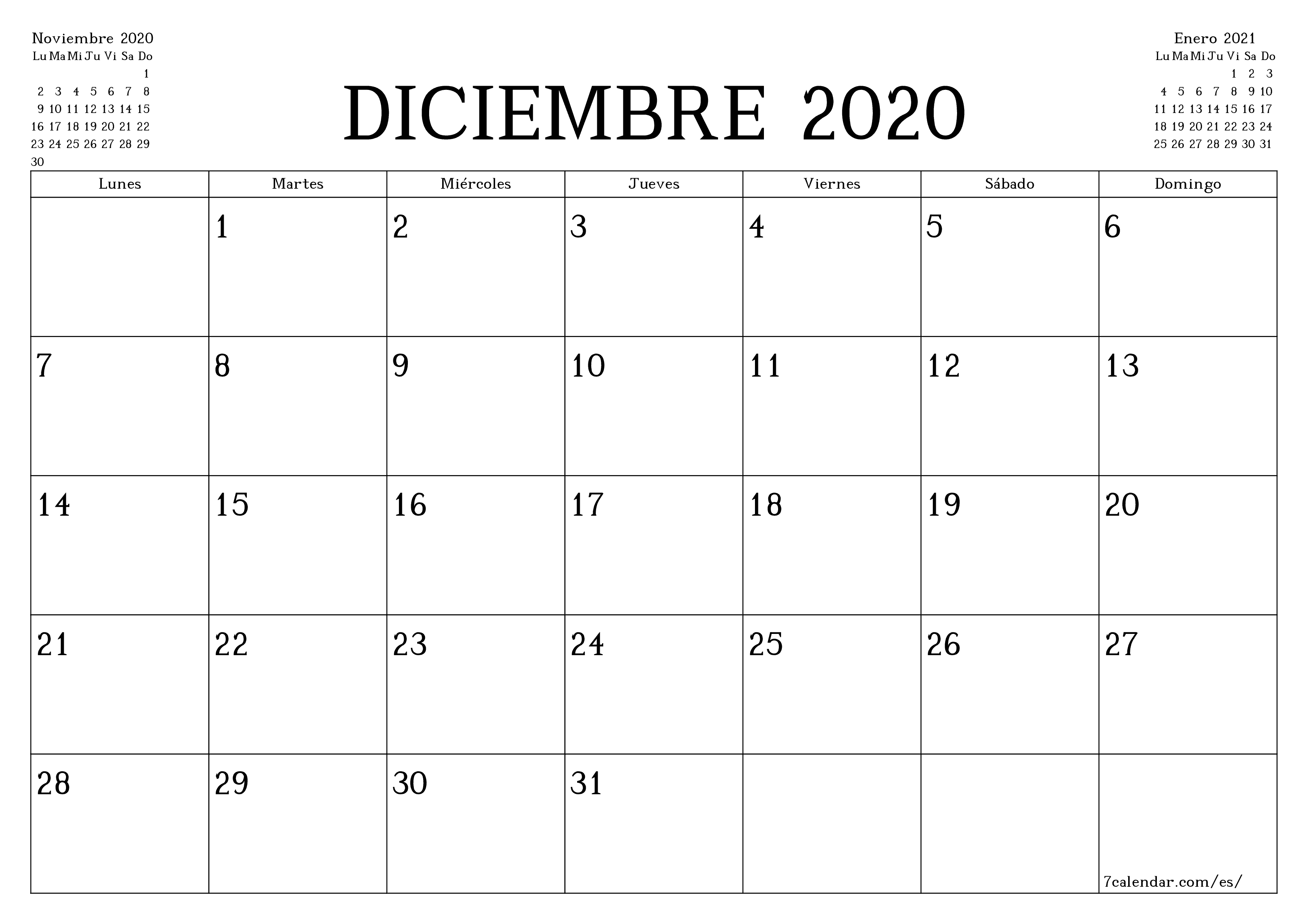 Planificador mensual vacío para el mes Diciembre 2020 con notas, guardar e imprimir en PDF PNG Spanish
