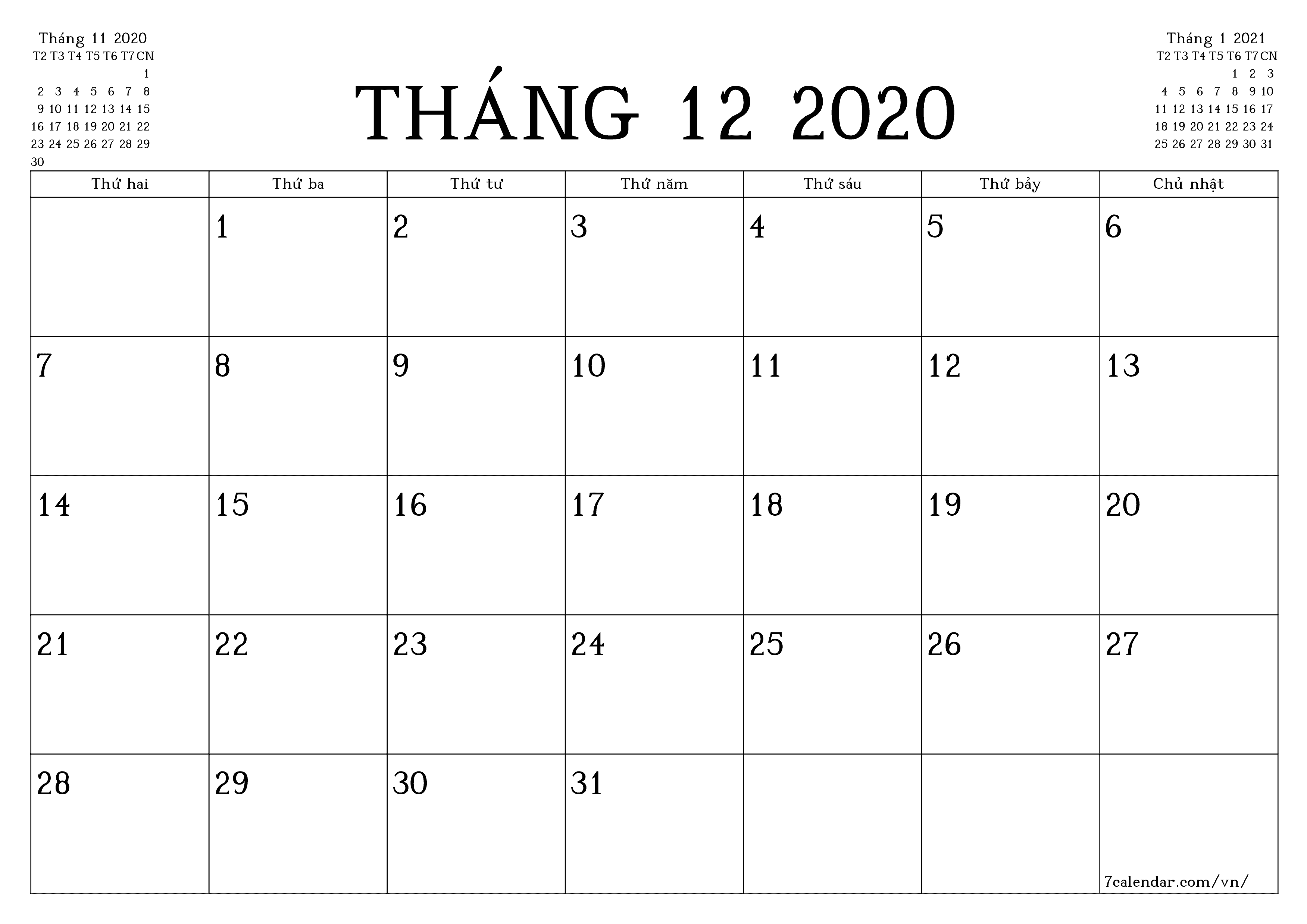 Công cụ lập kế hoạch hàng tháng trống cho tháng Tháng 12 2020 có ghi chú, lưu và in sang PDF PNG Vietnamese