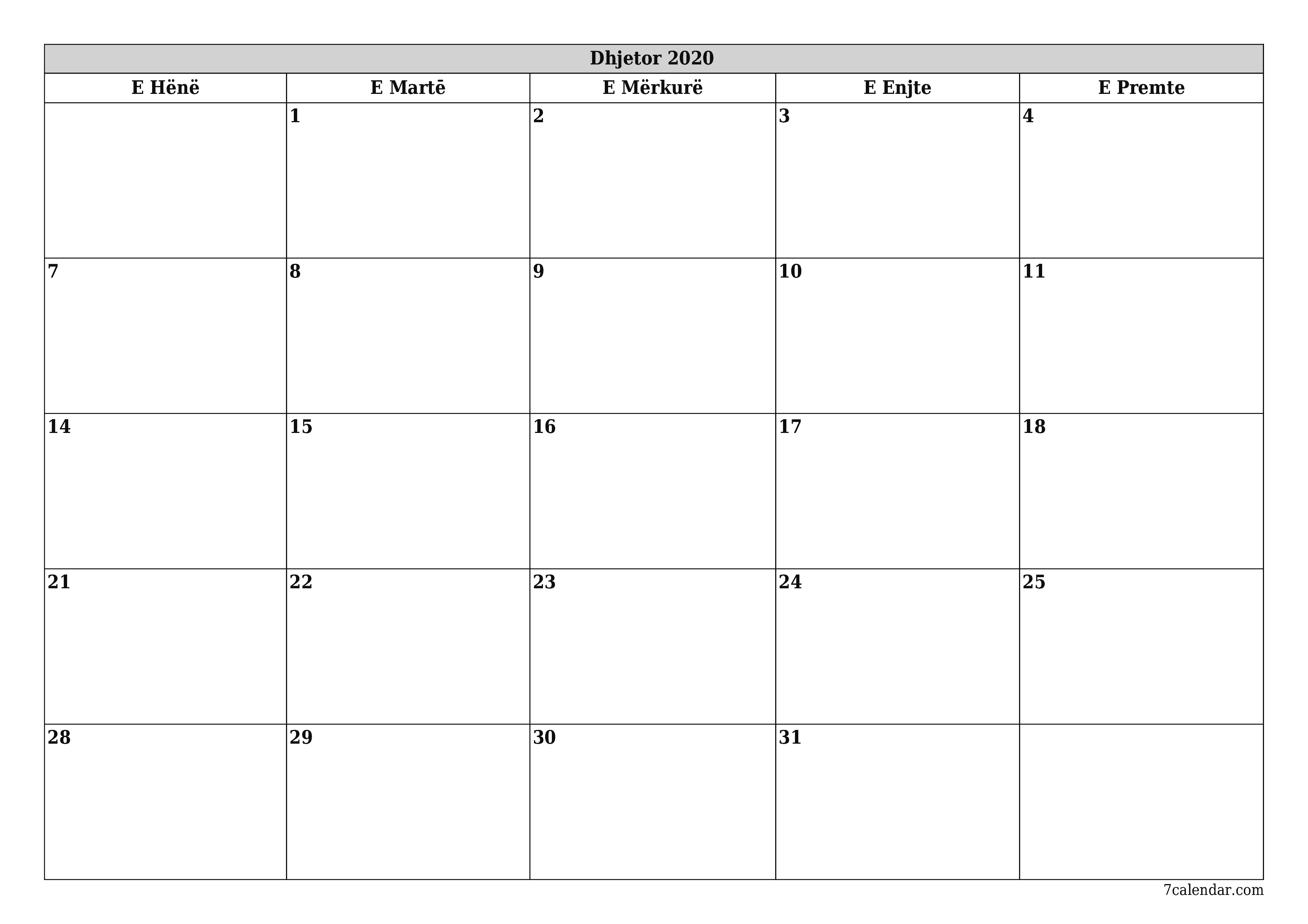 Planifikuesi i zbrazët i kalendarit mujor për muajin Dhjetor 2020 me shënime të ruajtura dhe të printuara në PDF PNG Albanian