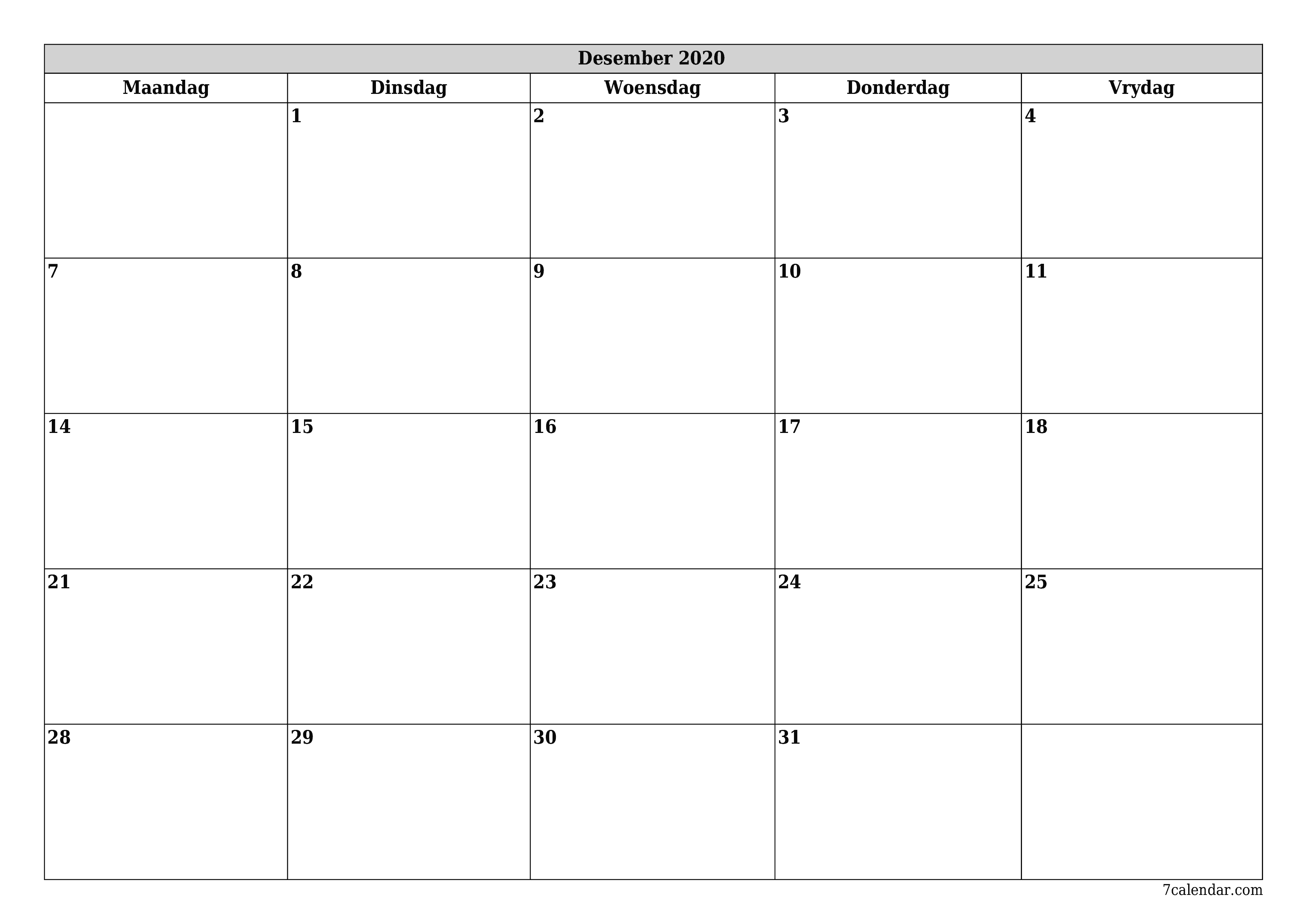 Leë maandelikse drukbare kalender en beplanner vir maand Desember 2020 met notas stoor en druk na PDF PNG Afrikaans