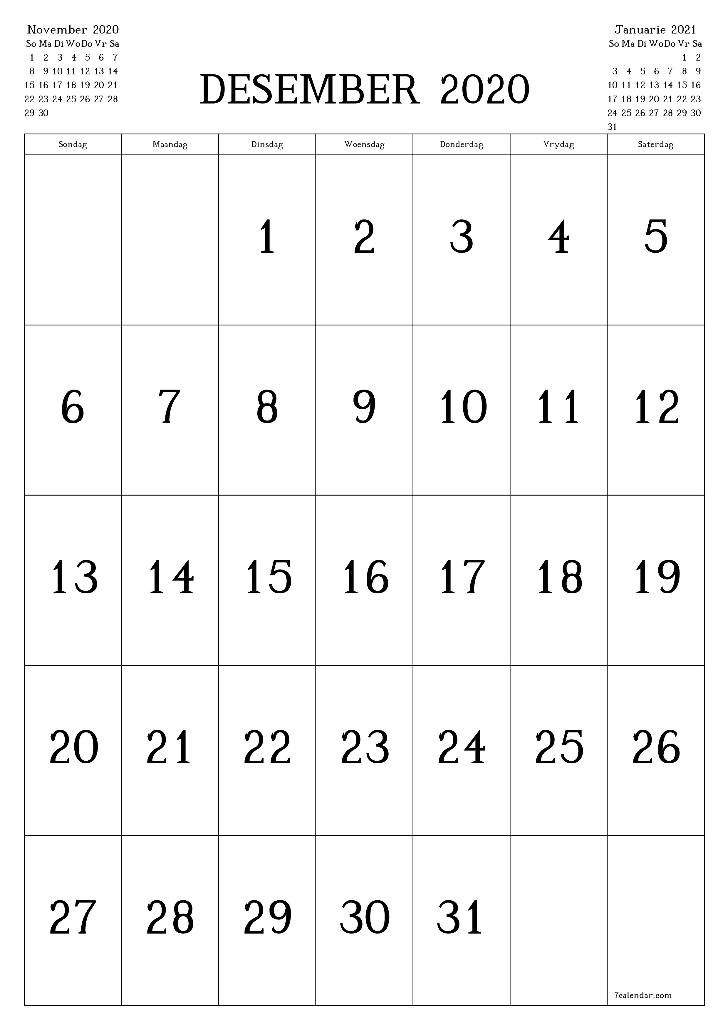 Leë maandelikse drukbare kalender en beplanner vir maand Desember 2020 met notas stoor en druk na PDF PNG Afrikaans