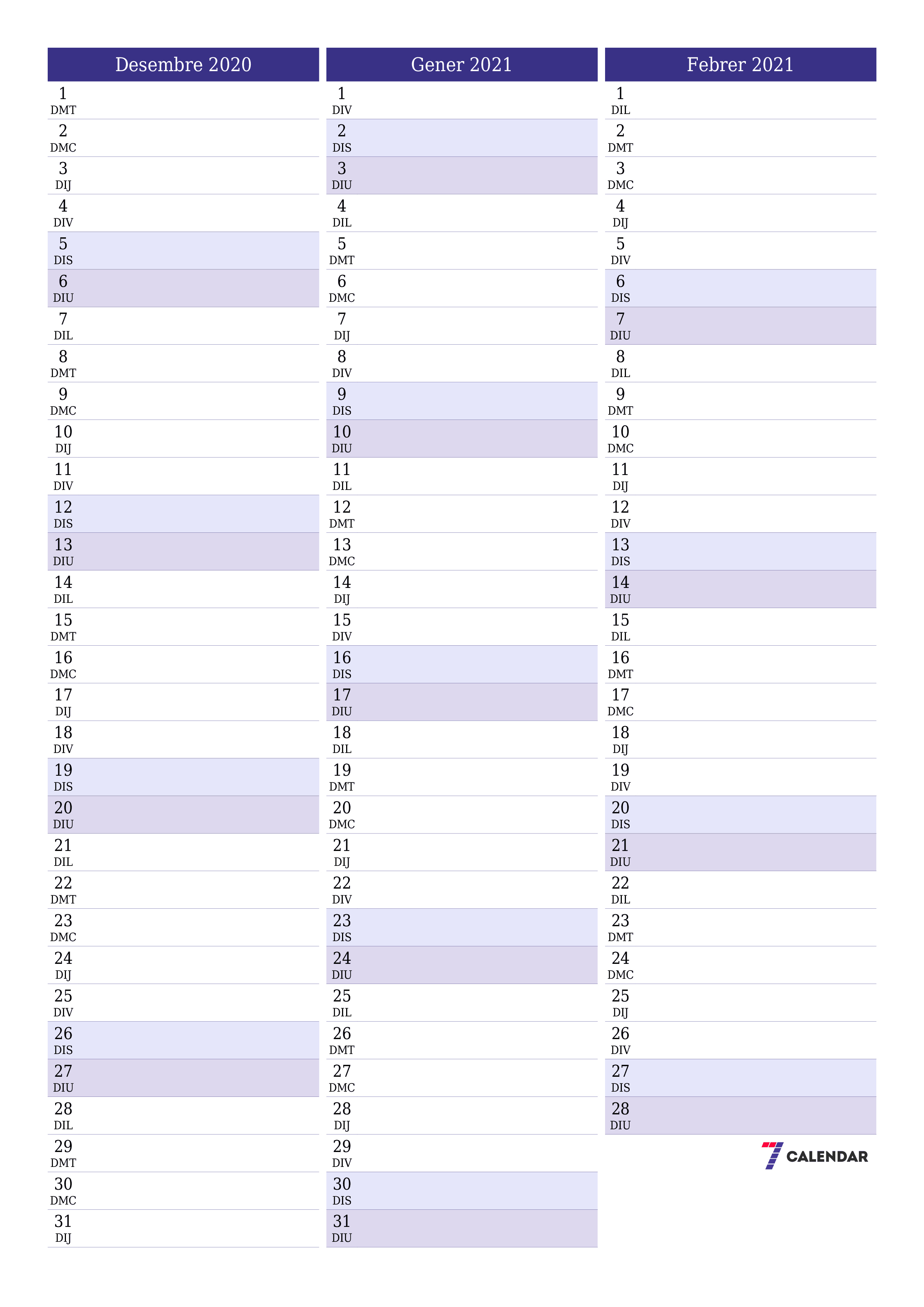  imprimible de paret plantilla de gratuïtvertical Mensual planificador calendari Desembre (Des) 2020