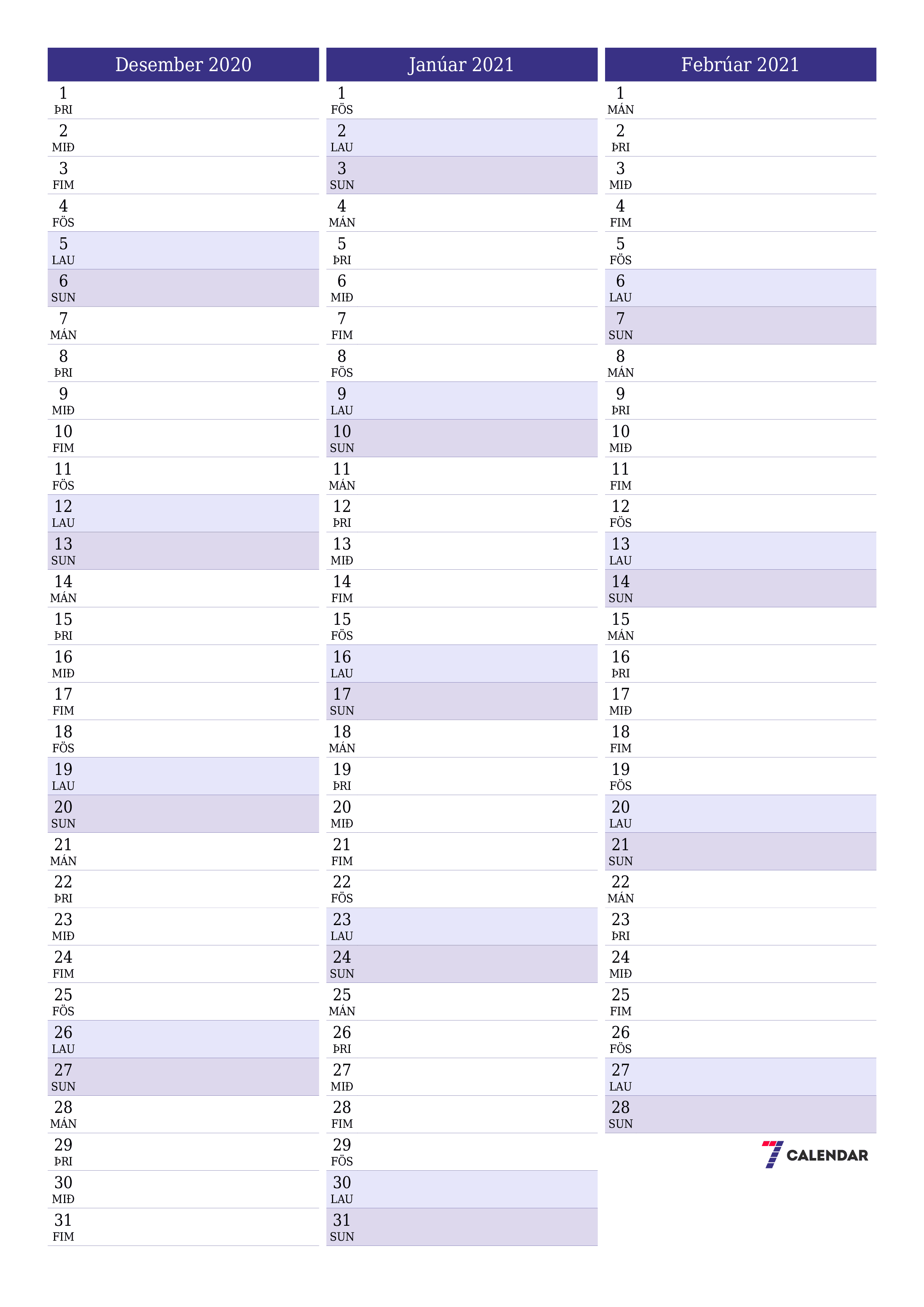 prentanlegt vegg sniðmát fyrir ókeypis lóðrétt Mánaðarlegt skipuleggjandi dagatal Desember (Des) 2020