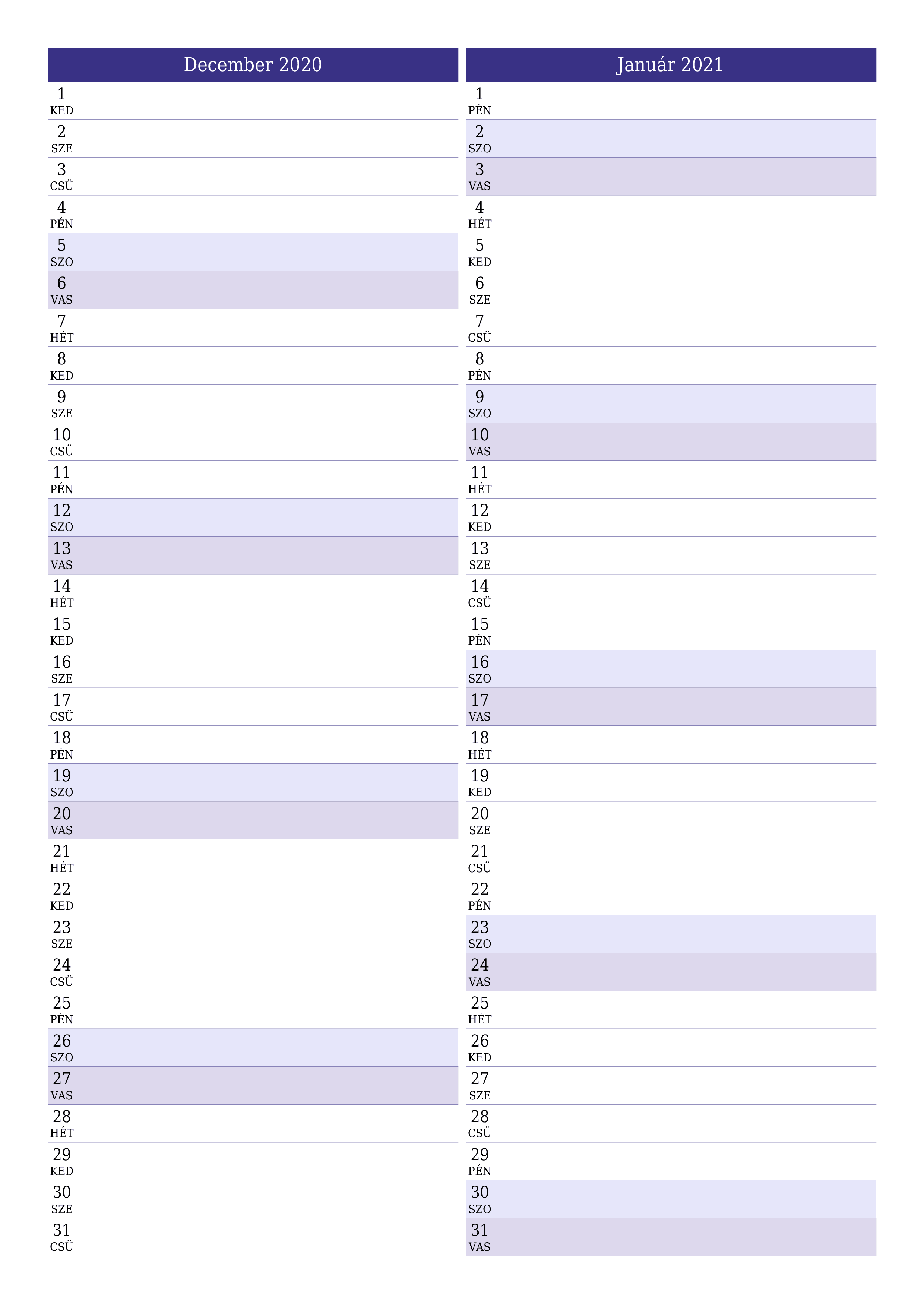 Üres havi tervező a December 2020 hónapra jegyzetekkel, mentés és nyomtatás PDF-be PNG Hungarian