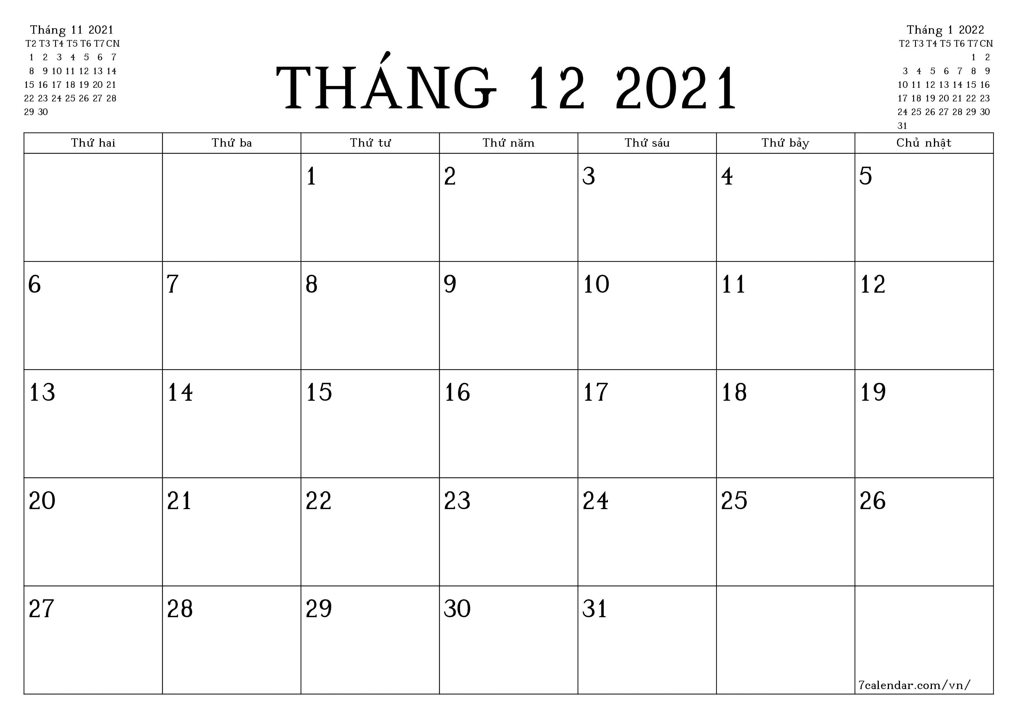 Công cụ lập kế hoạch hàng tháng trống cho tháng Tháng 12 2021 có ghi chú, lưu và in sang PDF PNG Vietnamese