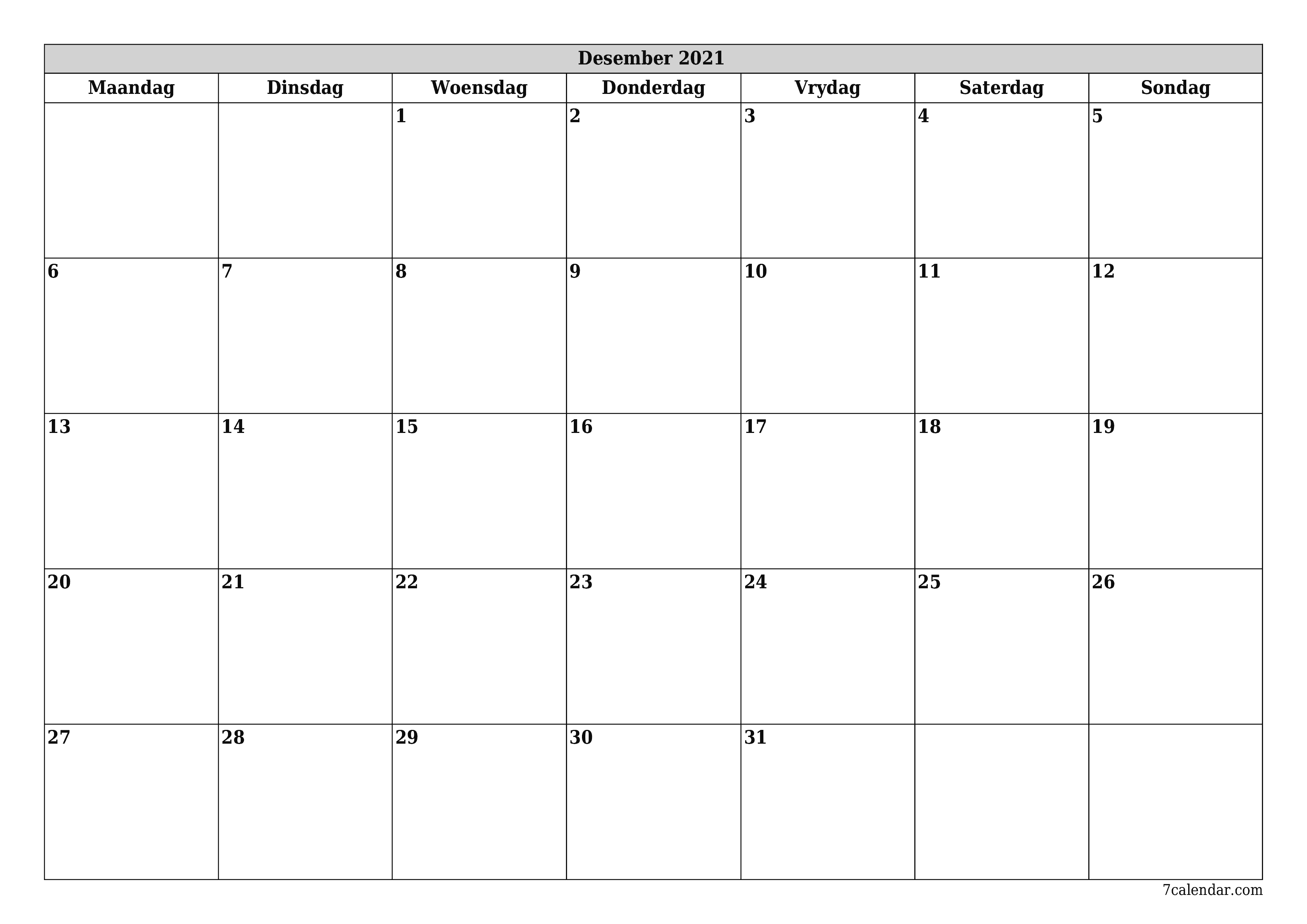 Leë maandelikse drukbare kalender en beplanner vir maand Desember 2021 met notas stoor en druk na PDF PNG Afrikaans