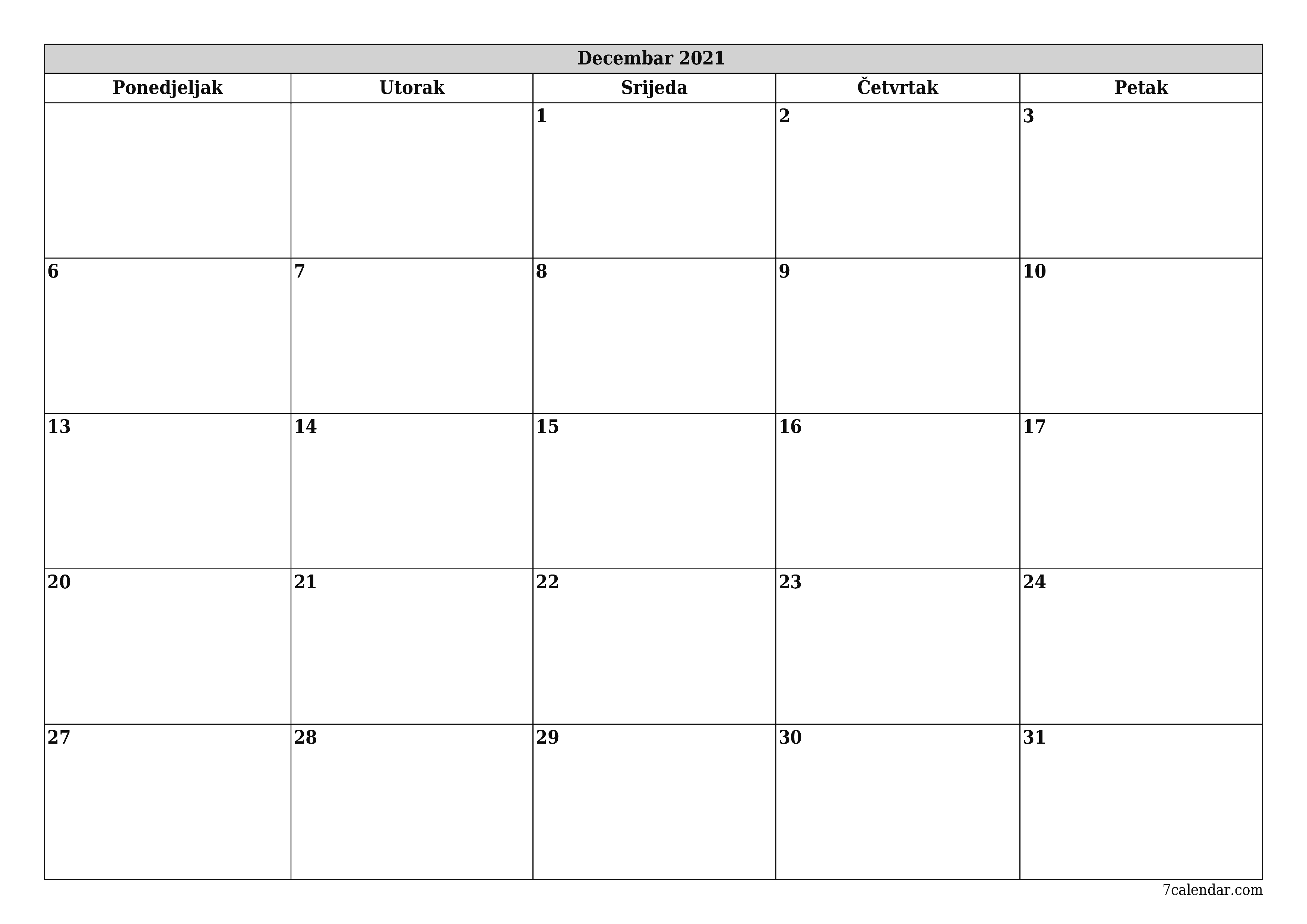 Ispraznite mjesečni planer za mjesec Decembar 2021 s bilješkama, spremite i ispišite u PDF PNG Bosnian