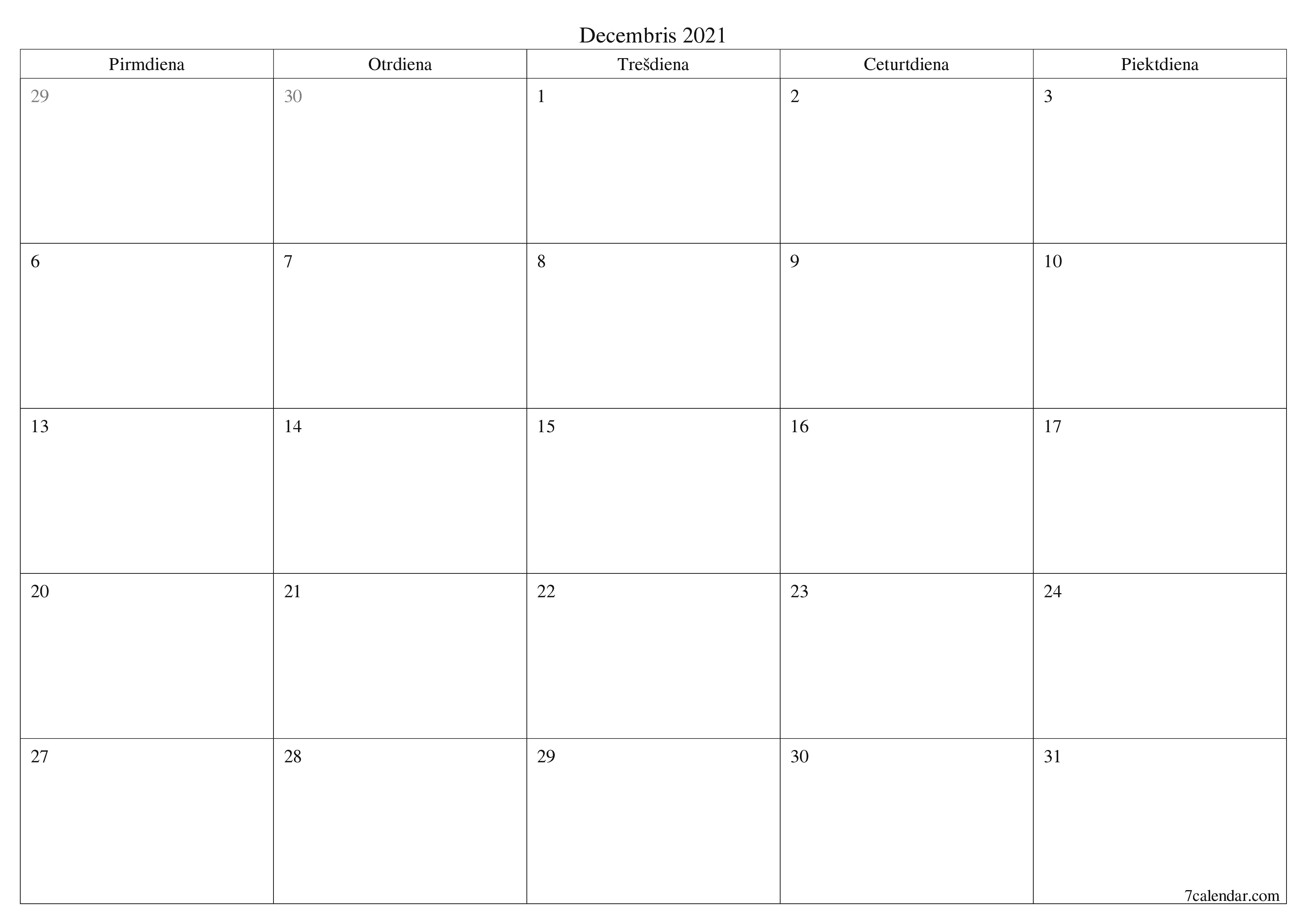 izdrukājams sienas kalendāra veidne bezmaksas horizontāli Mēneša plānotājs kalendārs Decembris (Dec) 2021